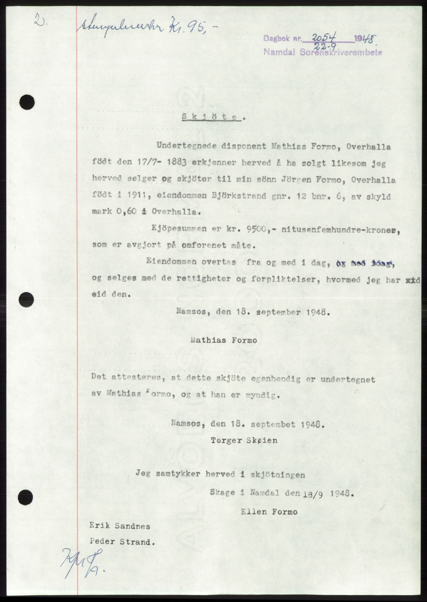 Namdal sorenskriveri, SAT/A-4133/1/2/2C: Pantebok nr. -, 1948-1948, Dagboknr: 2054/1948