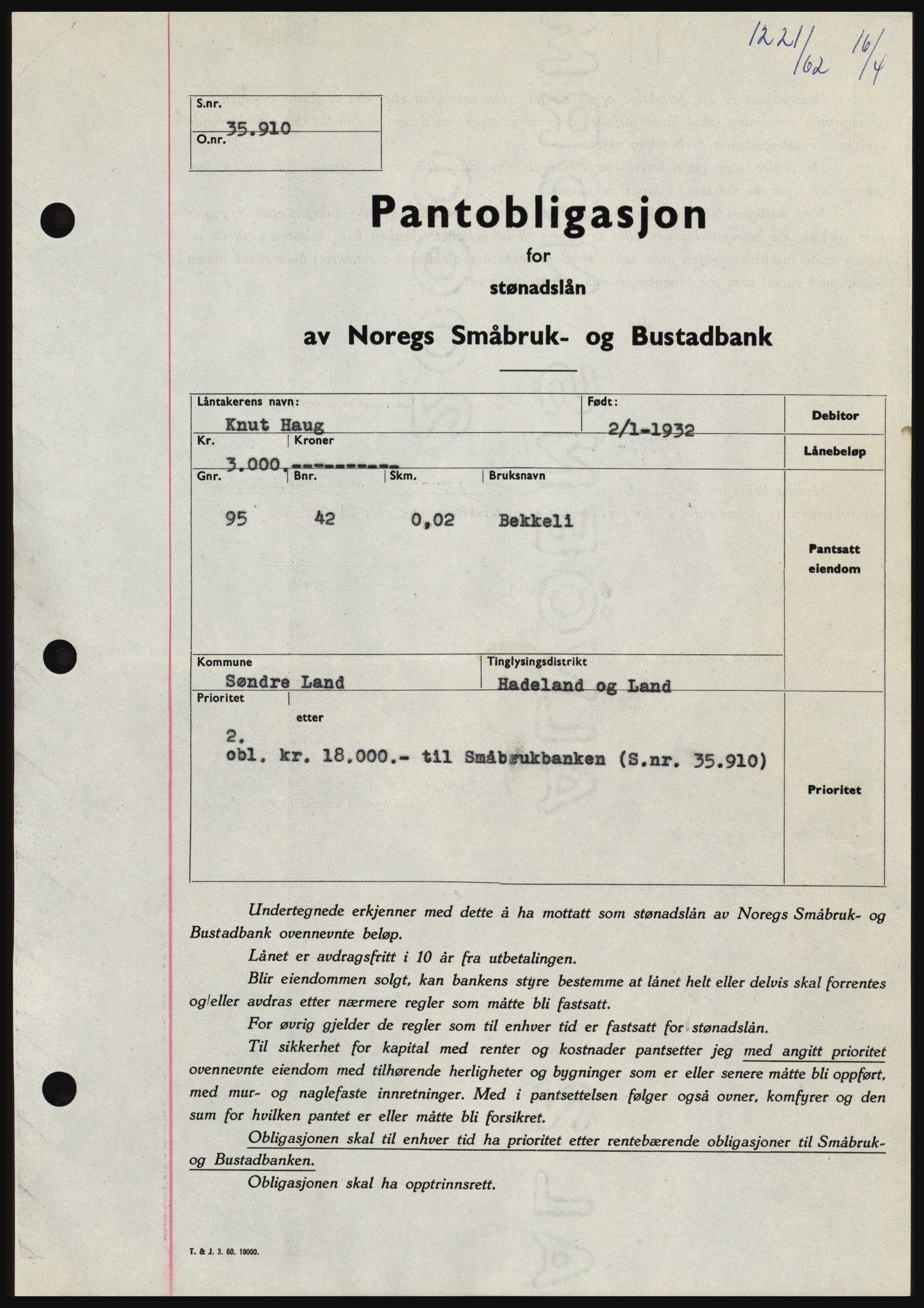 Hadeland og Land tingrett, SAH/TING-010/H/Hb/Hbc/L0048: Pantebok nr. B48, 1962-1962, Dagboknr: 1221/1962