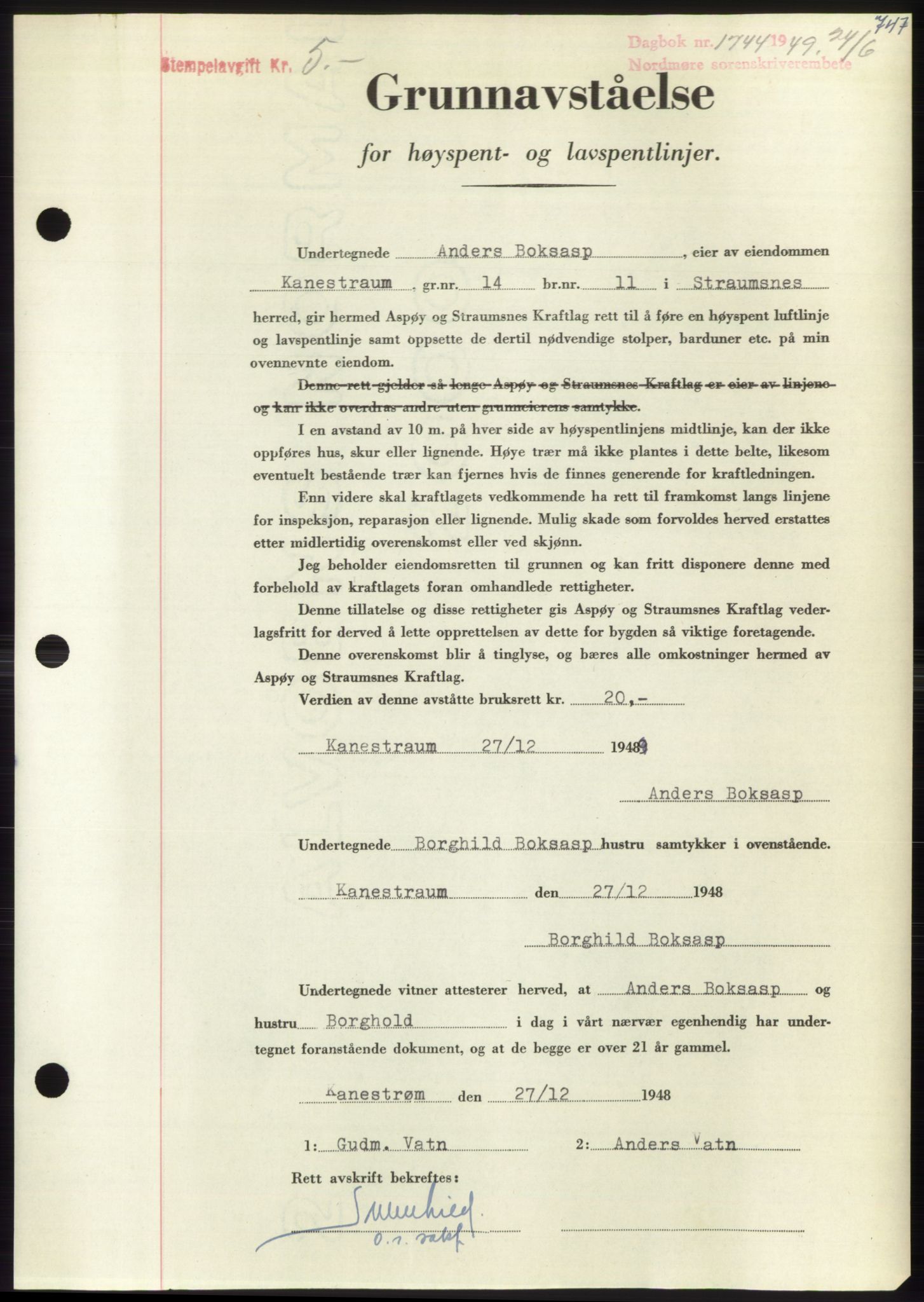 Nordmøre sorenskriveri, SAT/A-4132/1/2/2Ca: Pantebok nr. B101, 1949-1949, Dagboknr: 1744/1949