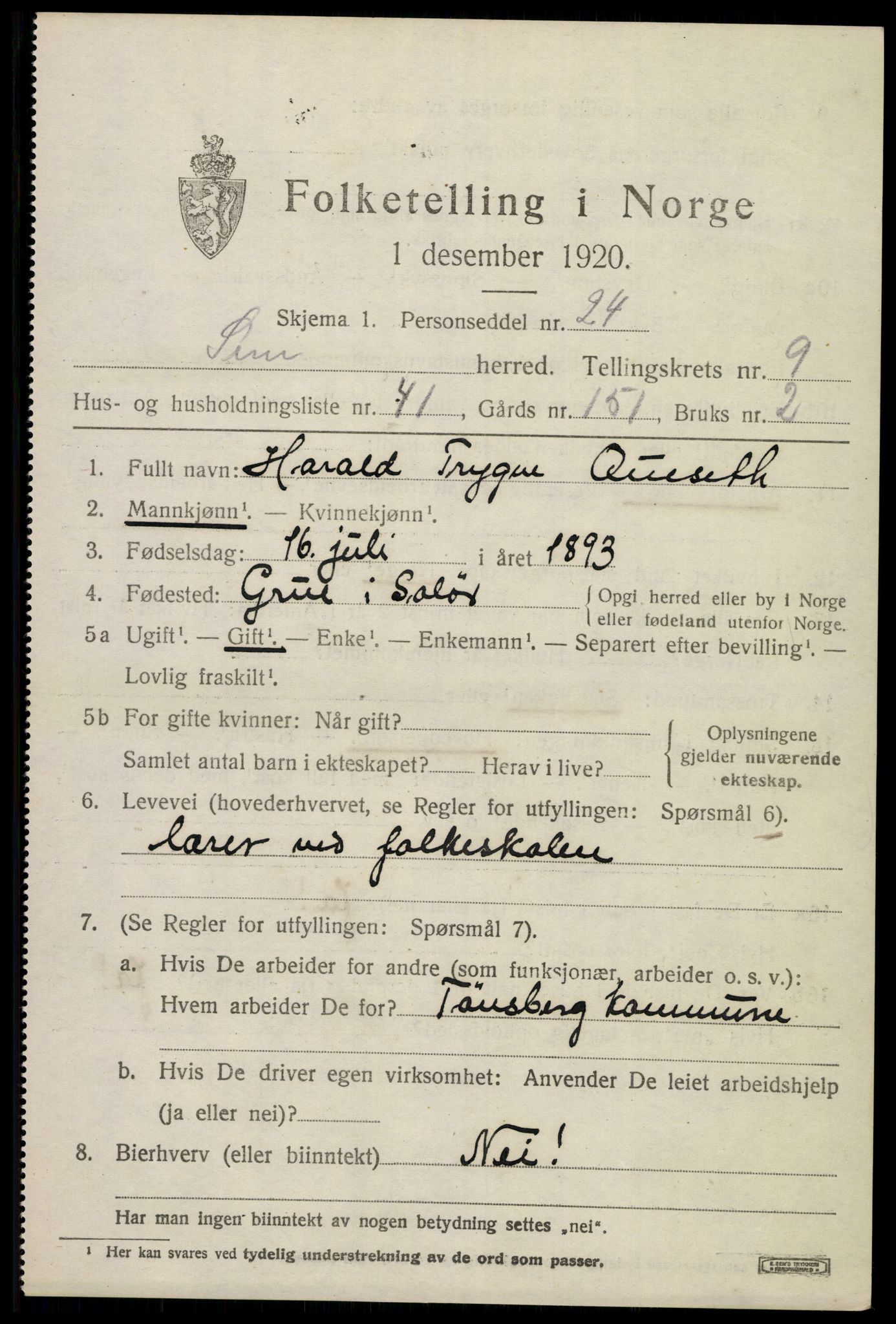 SAKO, Folketelling 1920 for 0721 Sem herred, 1920, s. 13019