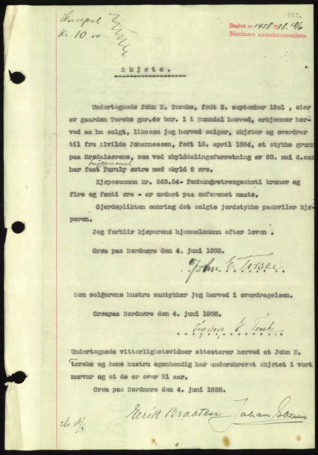 Nordmøre sorenskriveri, SAT/A-4132/1/2/2Ca: Pantebok nr. A83, 1938-1938, Dagboknr: 1458/1938