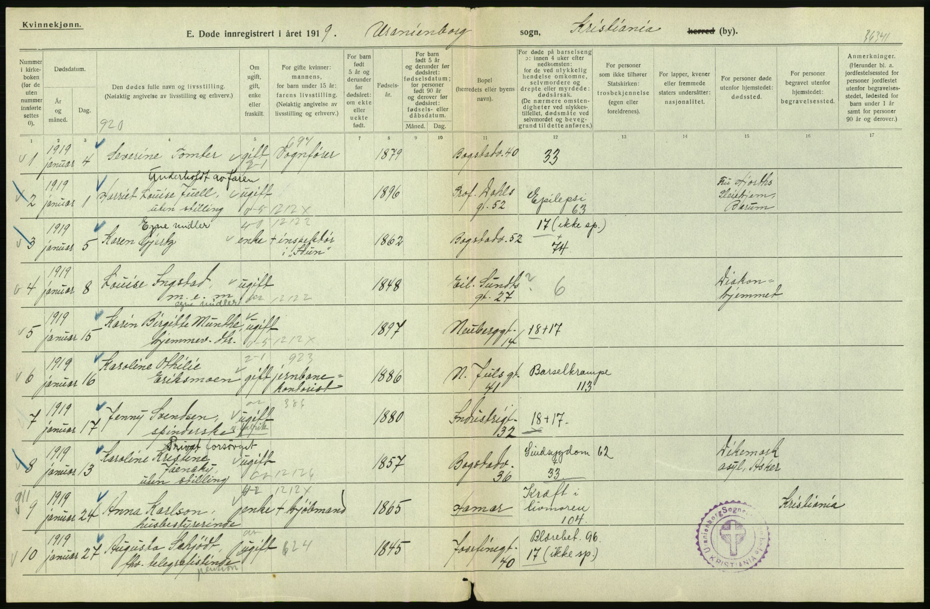 Statistisk sentralbyrå, Sosiodemografiske emner, Befolkning, AV/RA-S-2228/D/Df/Dfb/Dfbi/L0011: Kristiania: Døde, dødfødte, 1919