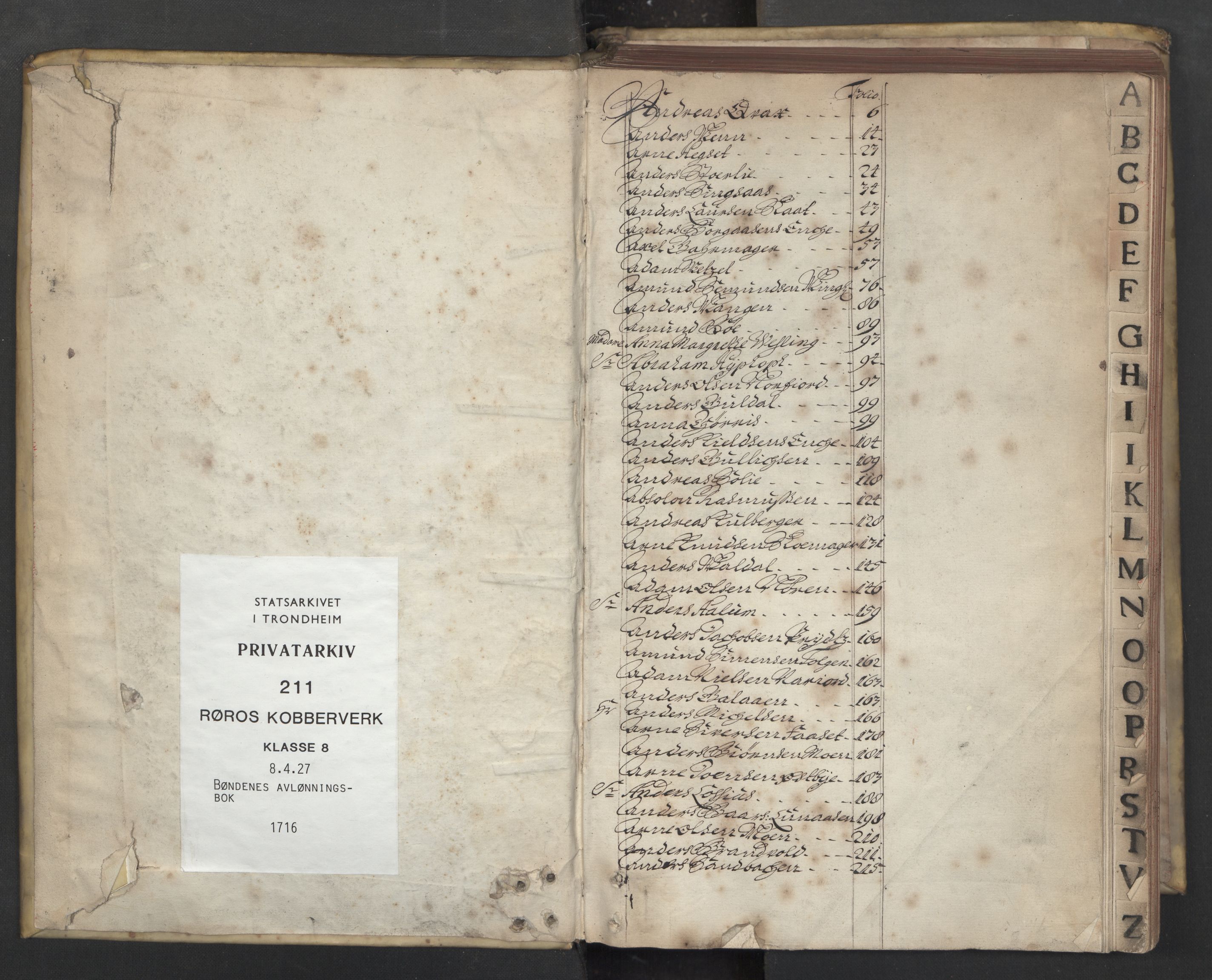 Røros kobberverk, SAT/PA-0211/1/08/L0437: 8.4.27 Bøndenes avlønningsbok, 1716