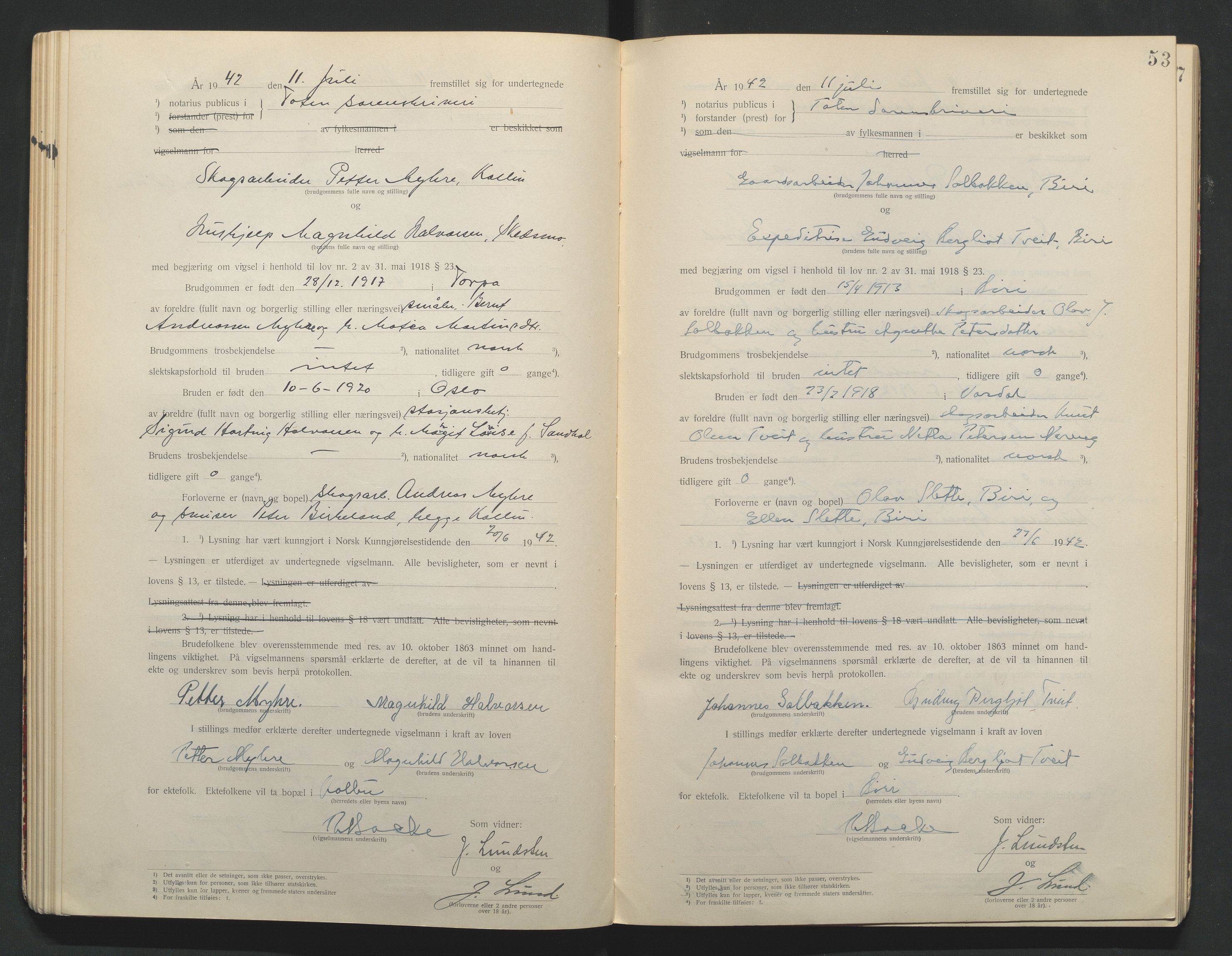 Toten tingrett, AV/SAH-TING-006/L/Lc/L0001: Vigselbok, 1920-1942, s. 53