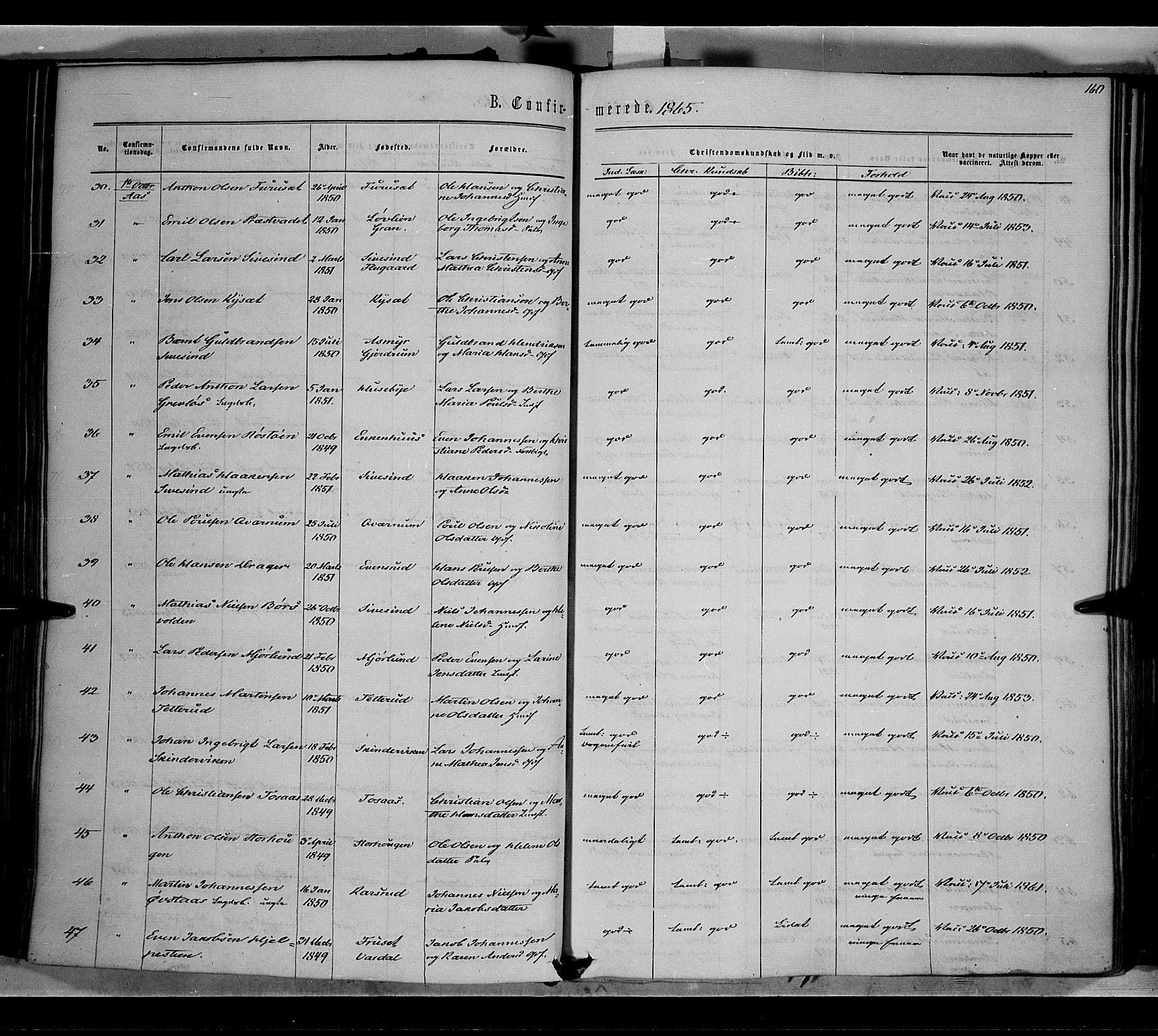 Vestre Toten prestekontor, SAH/PREST-108/H/Ha/Haa/L0007: Ministerialbok nr. 7, 1862-1869, s. 160