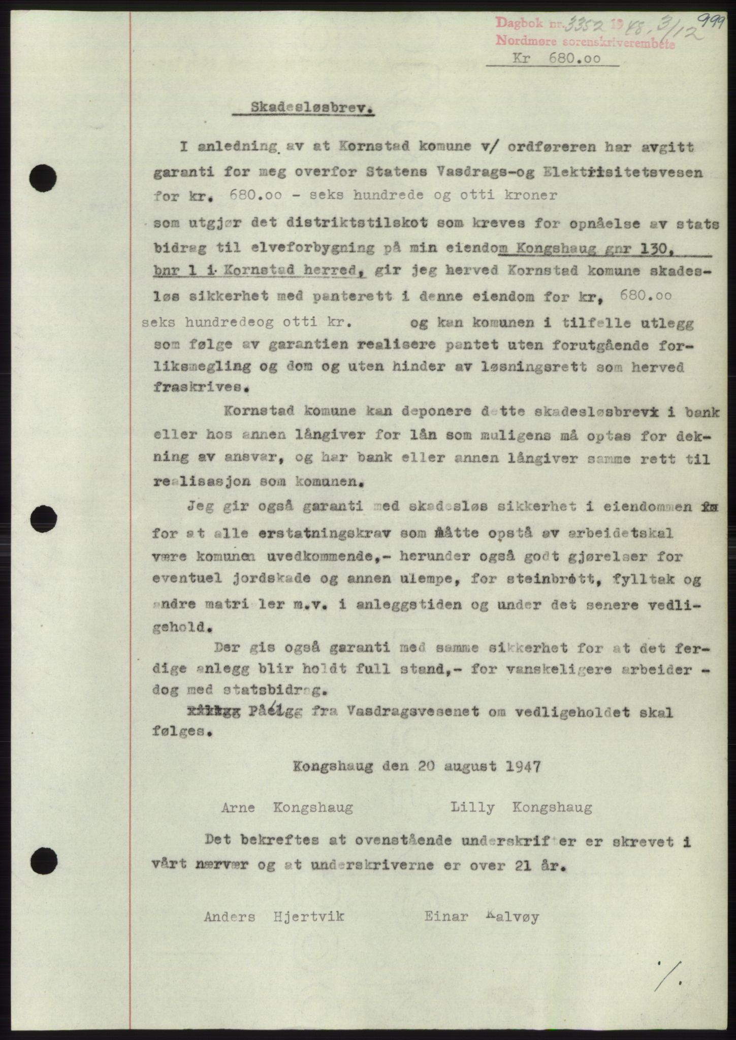 Nordmøre sorenskriveri, SAT/A-4132/1/2/2Ca: Pantebok nr. B100, 1948-1949, Dagboknr: 3352/1948