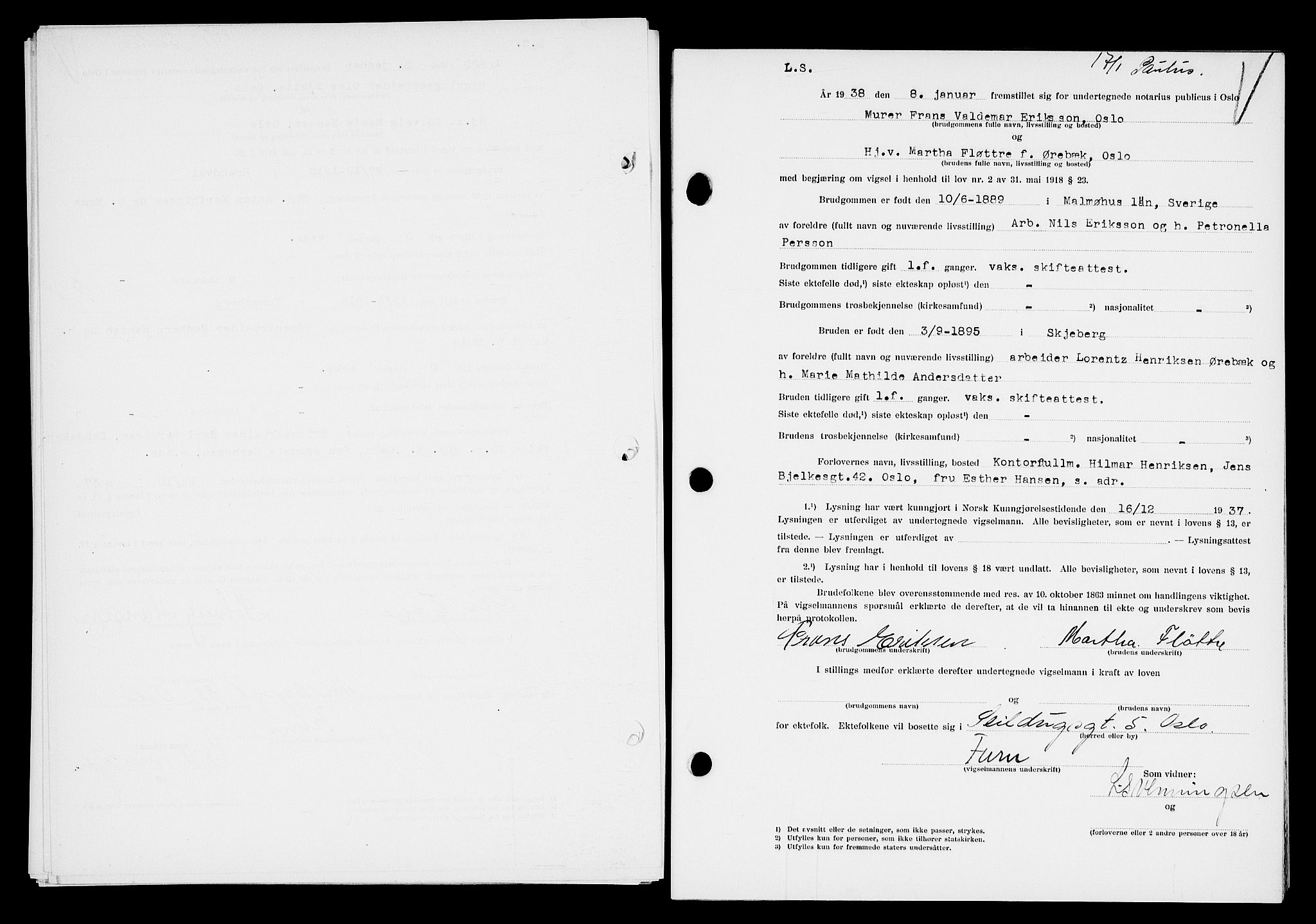 Oslo byfogd avd. I, AV/SAO-A-10220/L/Lb/Lbb/L0029: Notarialprotokoll, rekke II: Vigsler, 1937-1938