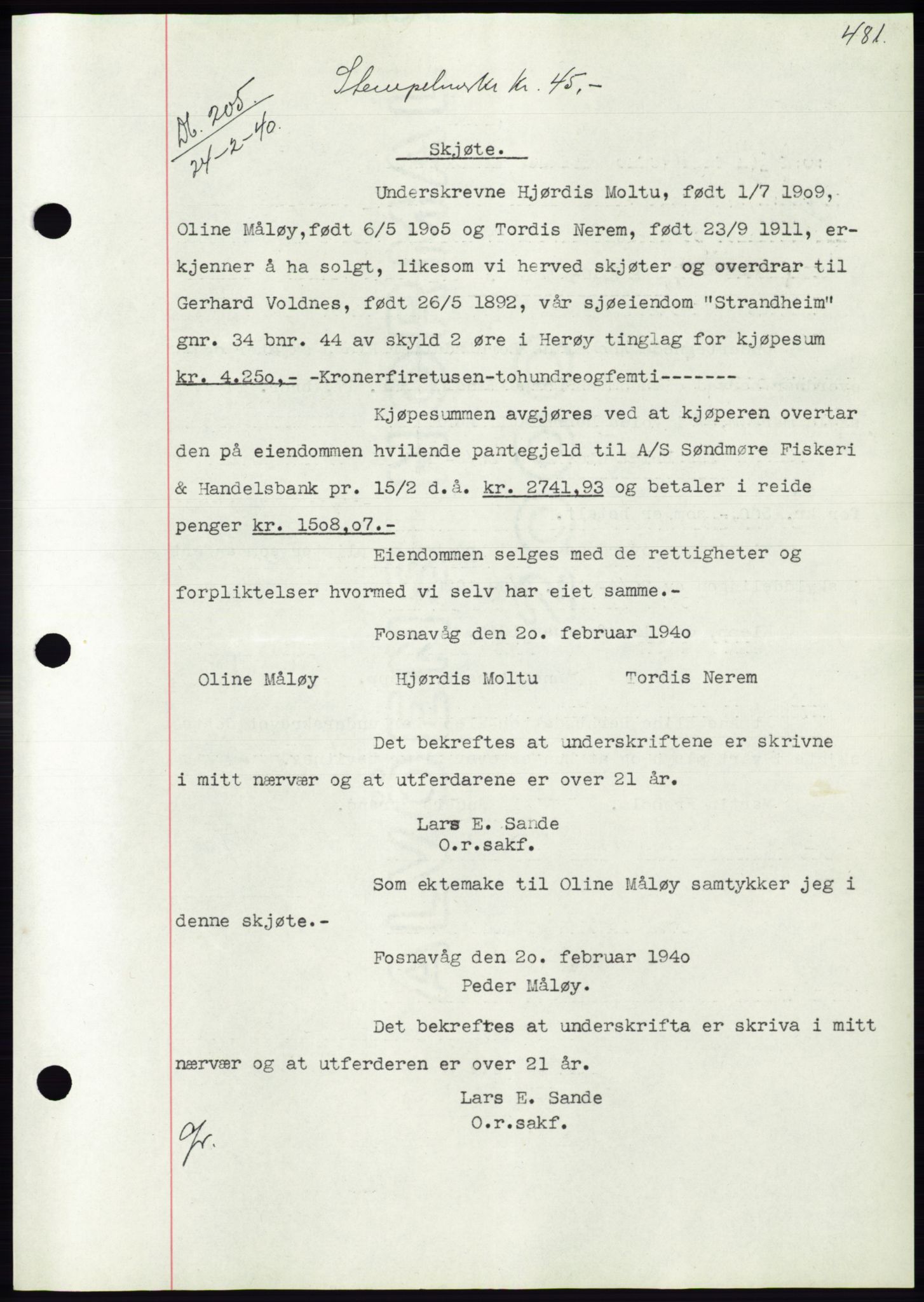 Søre Sunnmøre sorenskriveri, AV/SAT-A-4122/1/2/2C/L0069: Pantebok nr. 63, 1939-1940, Dagboknr: 205/1940