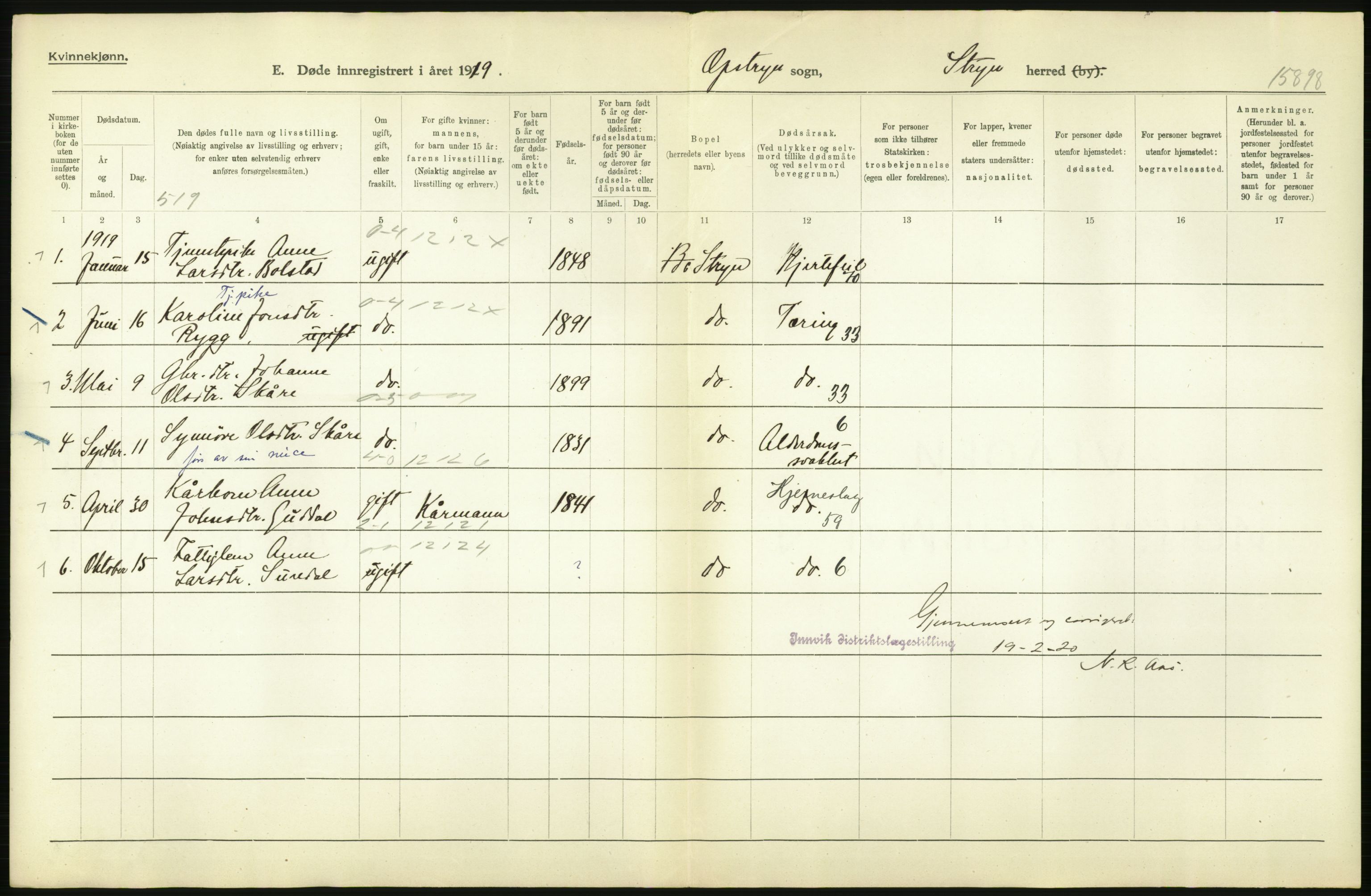 Statistisk sentralbyrå, Sosiodemografiske emner, Befolkning, RA/S-2228/D/Df/Dfb/Dfbi/L0037: Sogn og Fjordane: Døde, dødfødte. Bygder., 1919, s. 422