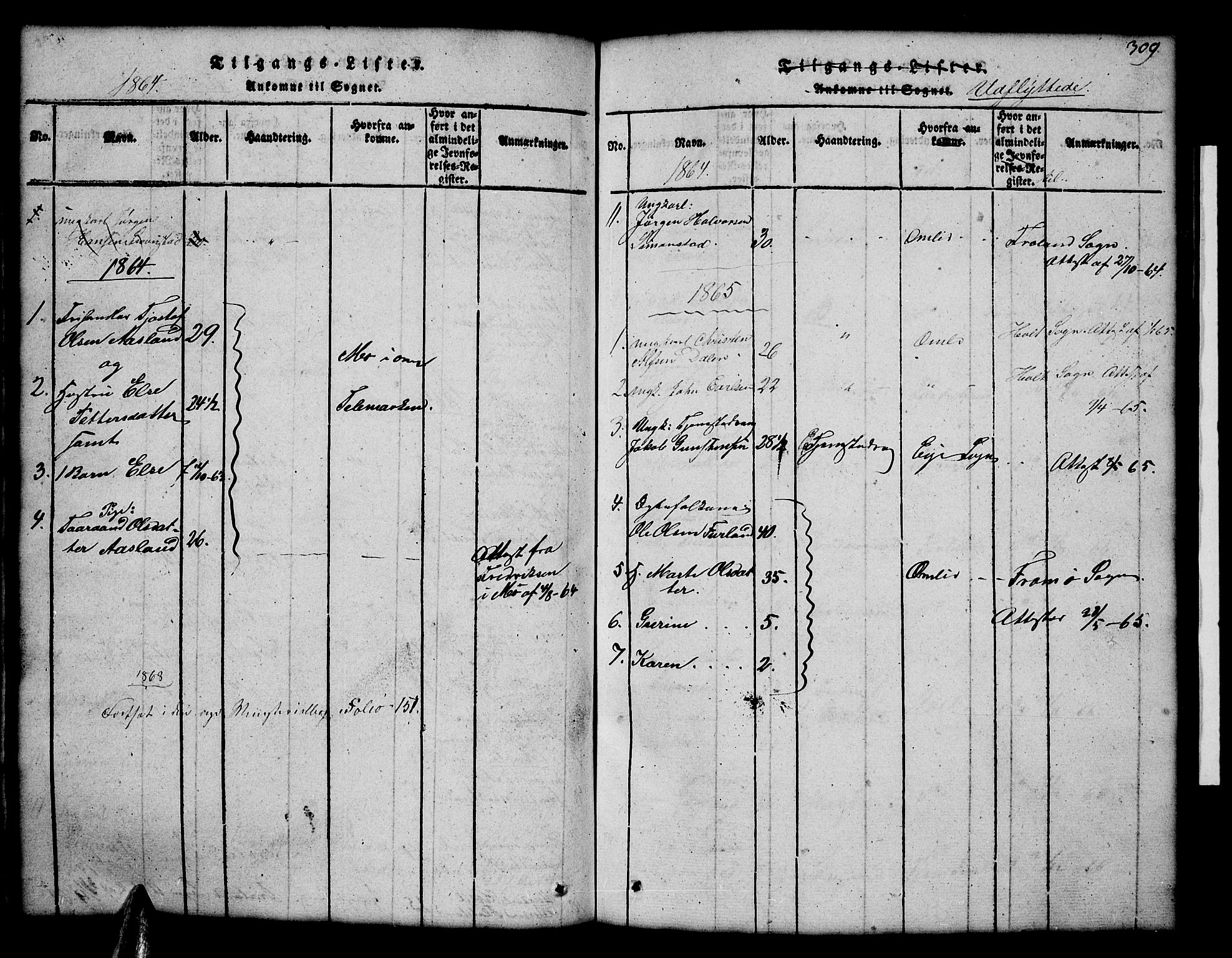 Åmli sokneprestkontor, SAK/1111-0050/F/Fb/Fbc/L0001: Klokkerbok nr. B 1, 1816-1867, s. 309