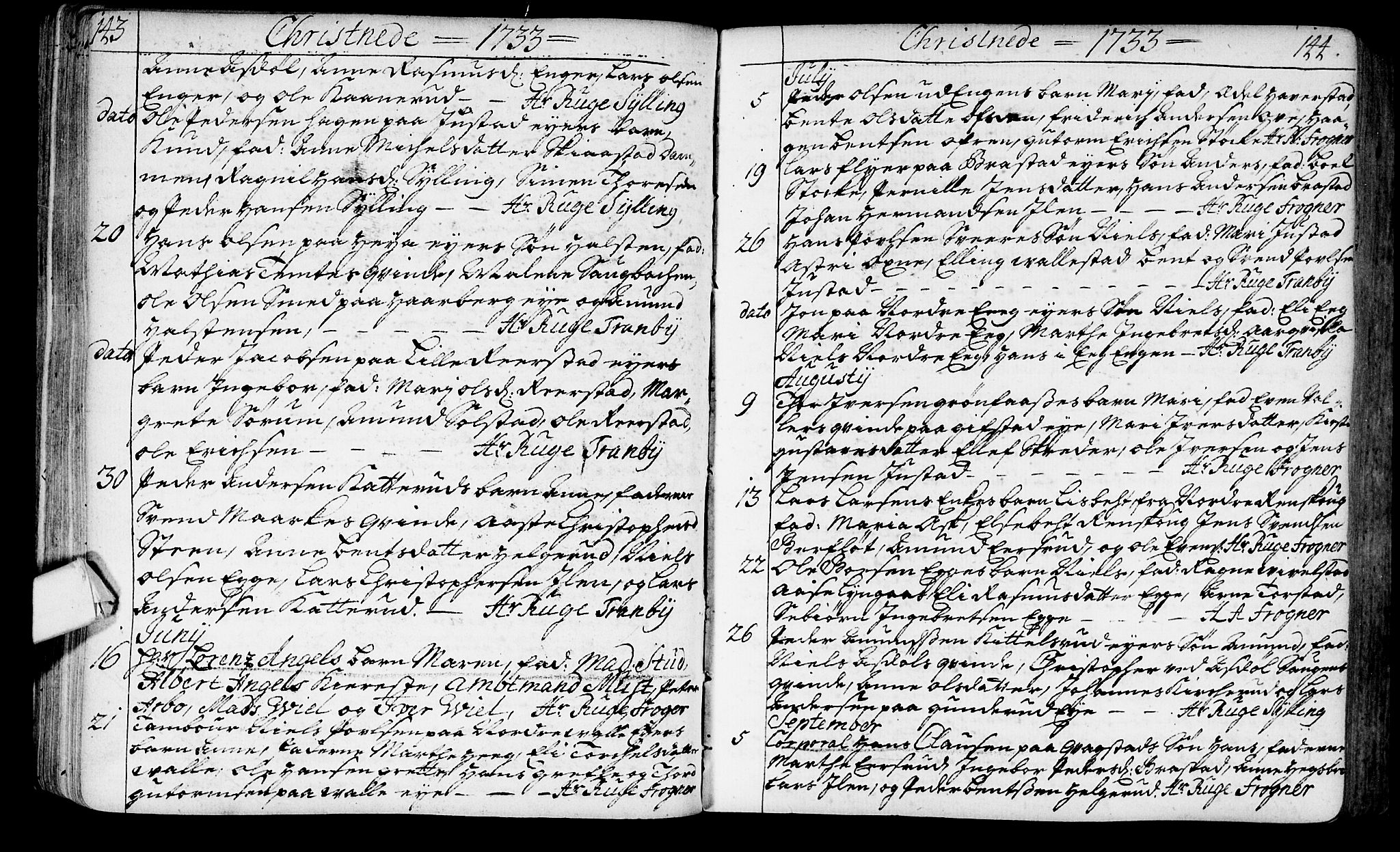 Lier kirkebøker, SAKO/A-230/F/Fa/L0003: Ministerialbok nr. I 3, 1727-1748, s. 143-144