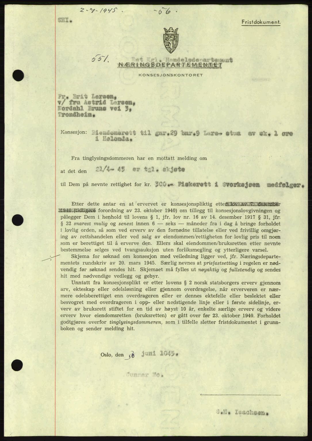 Gauldal sorenskriveri, SAT/A-0014/1/2/2C: Pantebok nr. A1a, 1945-1945, Dagboknr: 551/1945