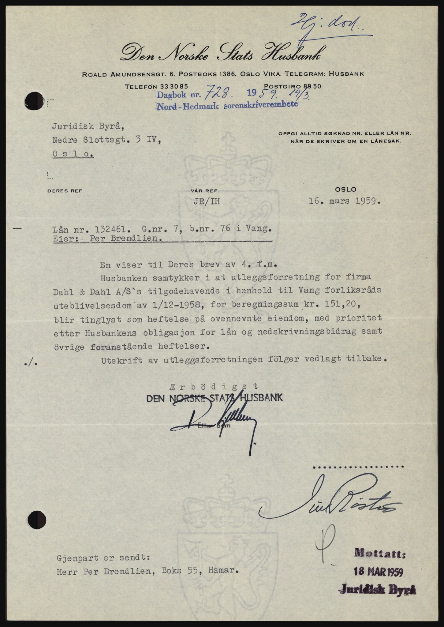 Nord-Hedmark sorenskriveri, SAH/TING-012/H/Hc/L0013: Pantebok nr. 13, 1959-1960, Dagboknr: 728/1959