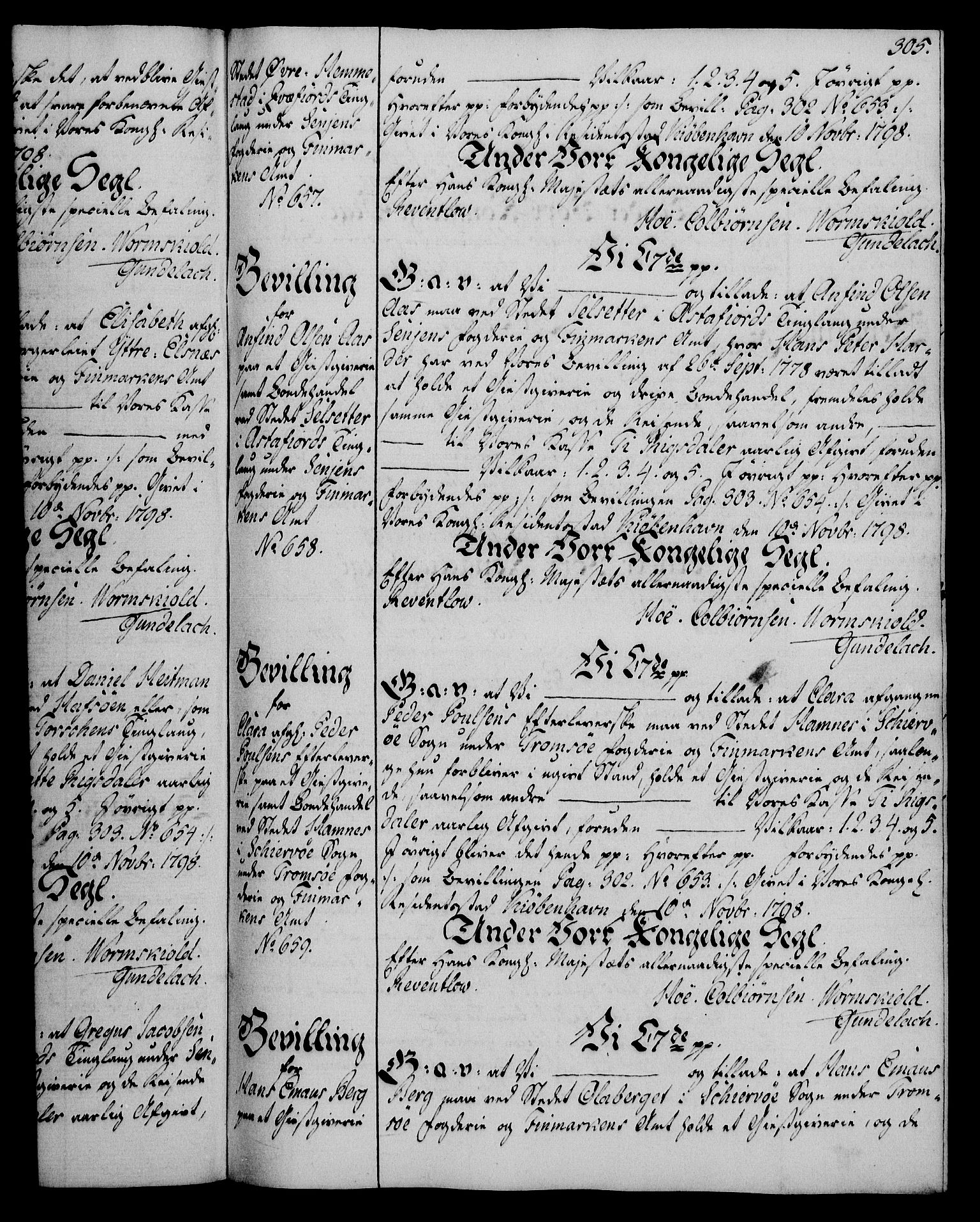 Rentekammeret, Kammerkanselliet, AV/RA-EA-3111/G/Gg/Gga/L0016: Norsk ekspedisjonsprotokoll med register (merket RK 53.16), 1794-1800, s. 305