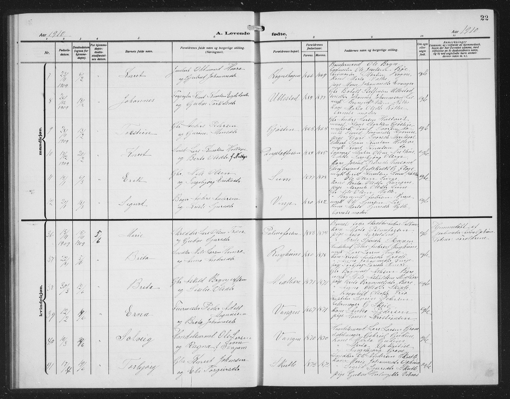 Voss sokneprestembete, AV/SAB-A-79001/H/Hab: Klokkerbok nr. C 3, 1909-1920, s. 22