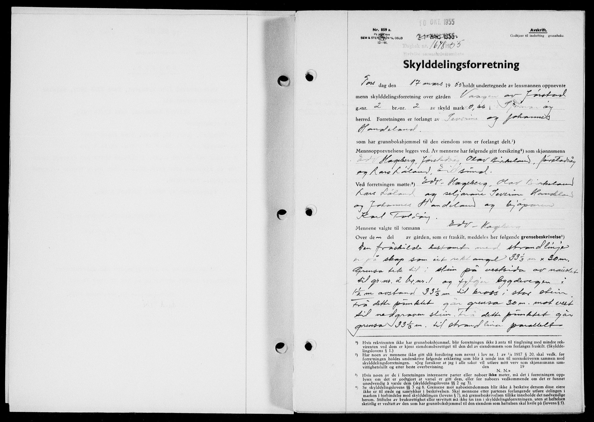 Ryfylke tingrett, SAST/A-100055/001/II/IIB/L0130: Pantebok nr. 109, 1955-1955, Dagboknr: 1678/1955