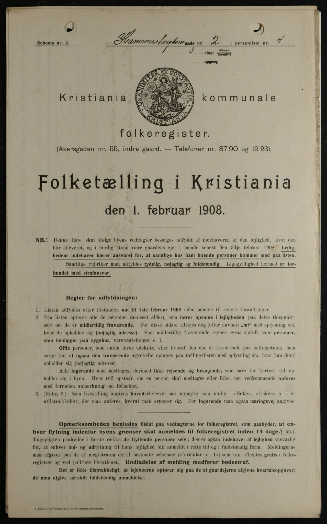 OBA, Kommunal folketelling 1.2.1908 for Kristiania kjøpstad, 1908, s. 31000