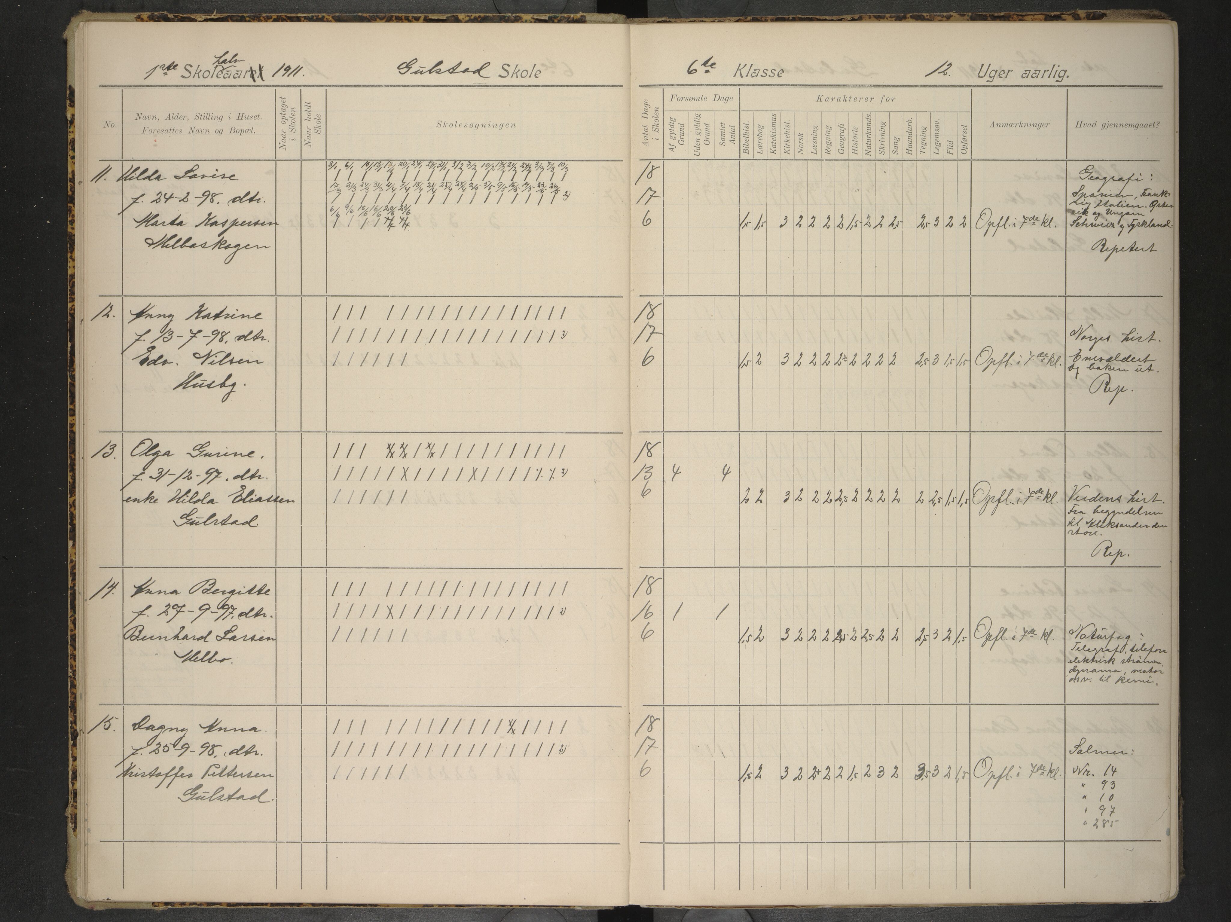 Hadsel kommune. Gulstad skolekrets, AIN/K-18660.510.28/F/Fa/L0002: Skoleprotokoll for Gulstad skole, 1911-1917