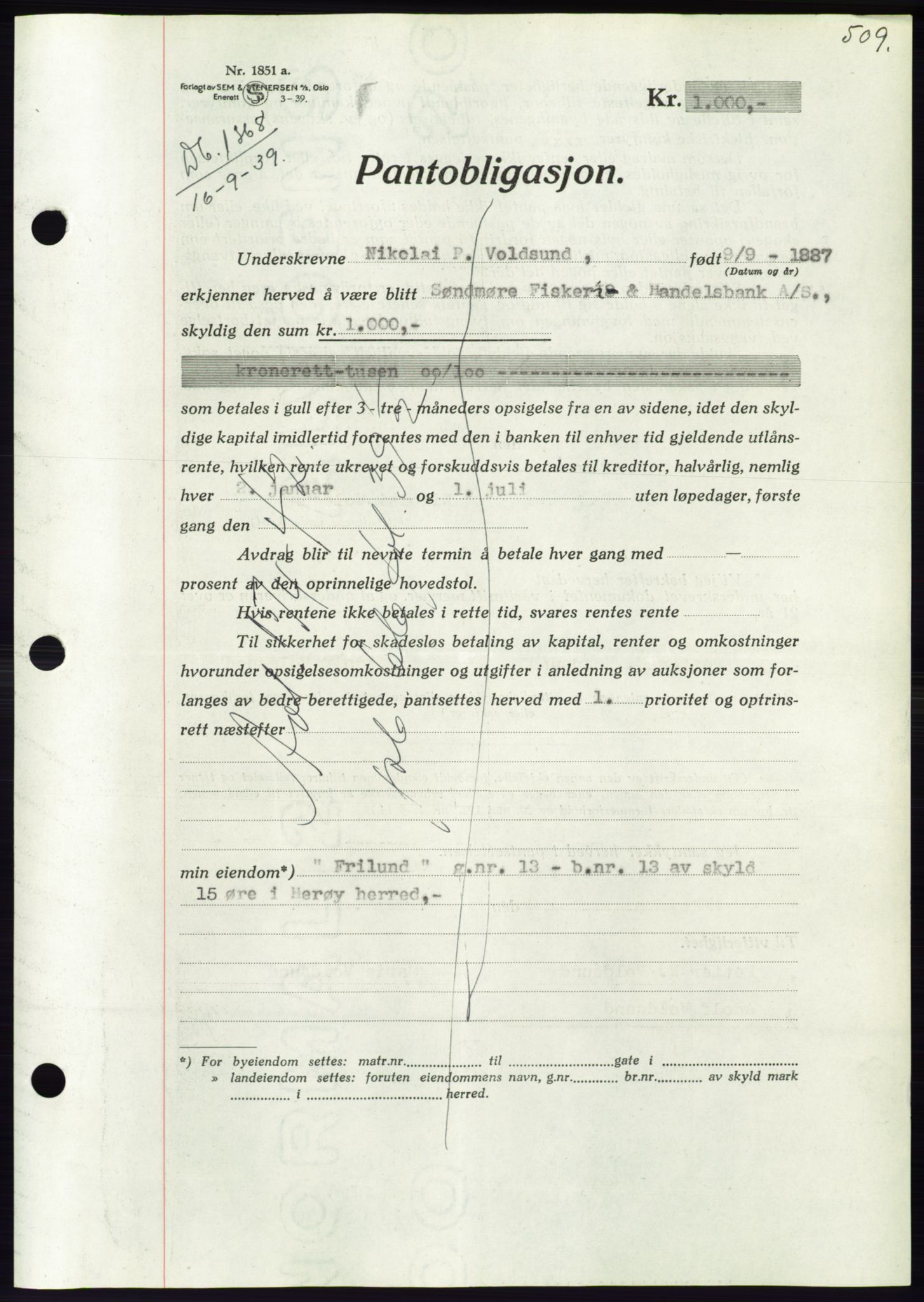 Søre Sunnmøre sorenskriveri, AV/SAT-A-4122/1/2/2C/L0068: Pantebok nr. 62, 1939-1939, Dagboknr: 1368/1939