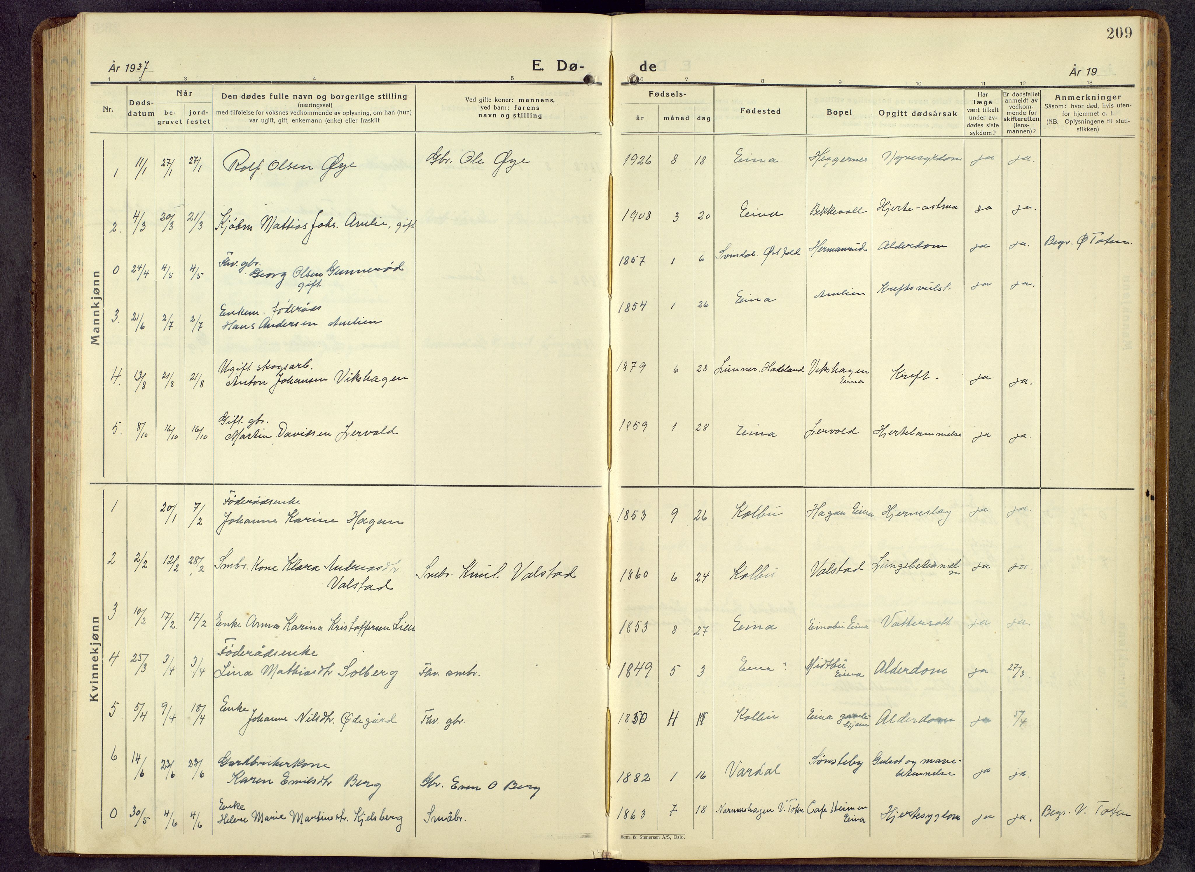 Kolbu prestekontor, AV/SAH-PREST-110/H/Ha/Hab/L0003: Klokkerbok nr. 3, 1935-1966, s. 209