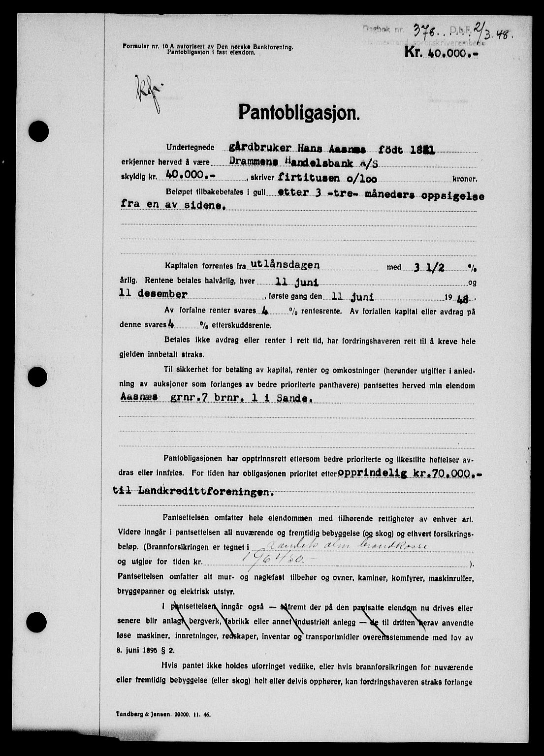 Holmestrand sorenskriveri, SAKO/A-67/G/Ga/Gab/L0058: Pantebok nr. B-58, 1947-1948, Dagboknr: 376/1948