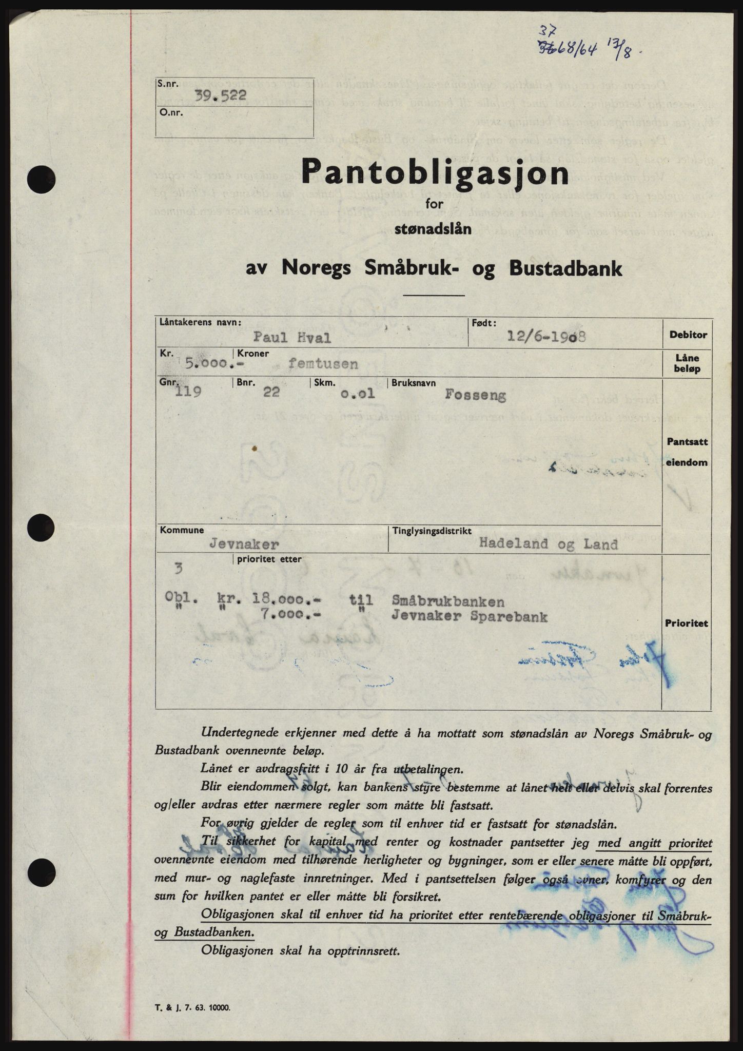 Hadeland og Land tingrett, SAH/TING-010/H/Hb/Hbc/L0055: Pantebok nr. B55, 1964-1964, Dagboknr: 3768/1964
