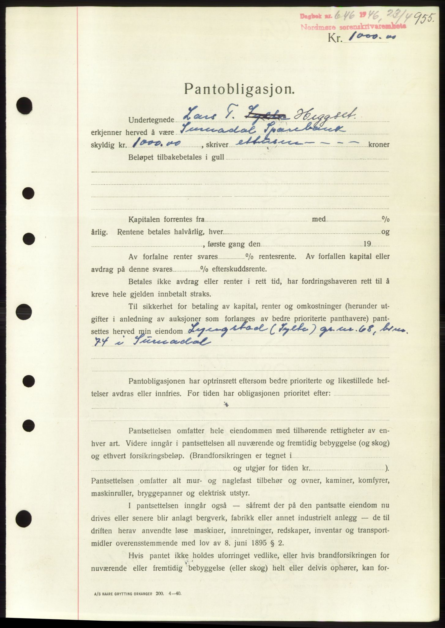 Nordmøre sorenskriveri, SAT/A-4132/1/2/2Ca: Pantebok nr. B93b, 1946-1946, Dagboknr: 646/1946