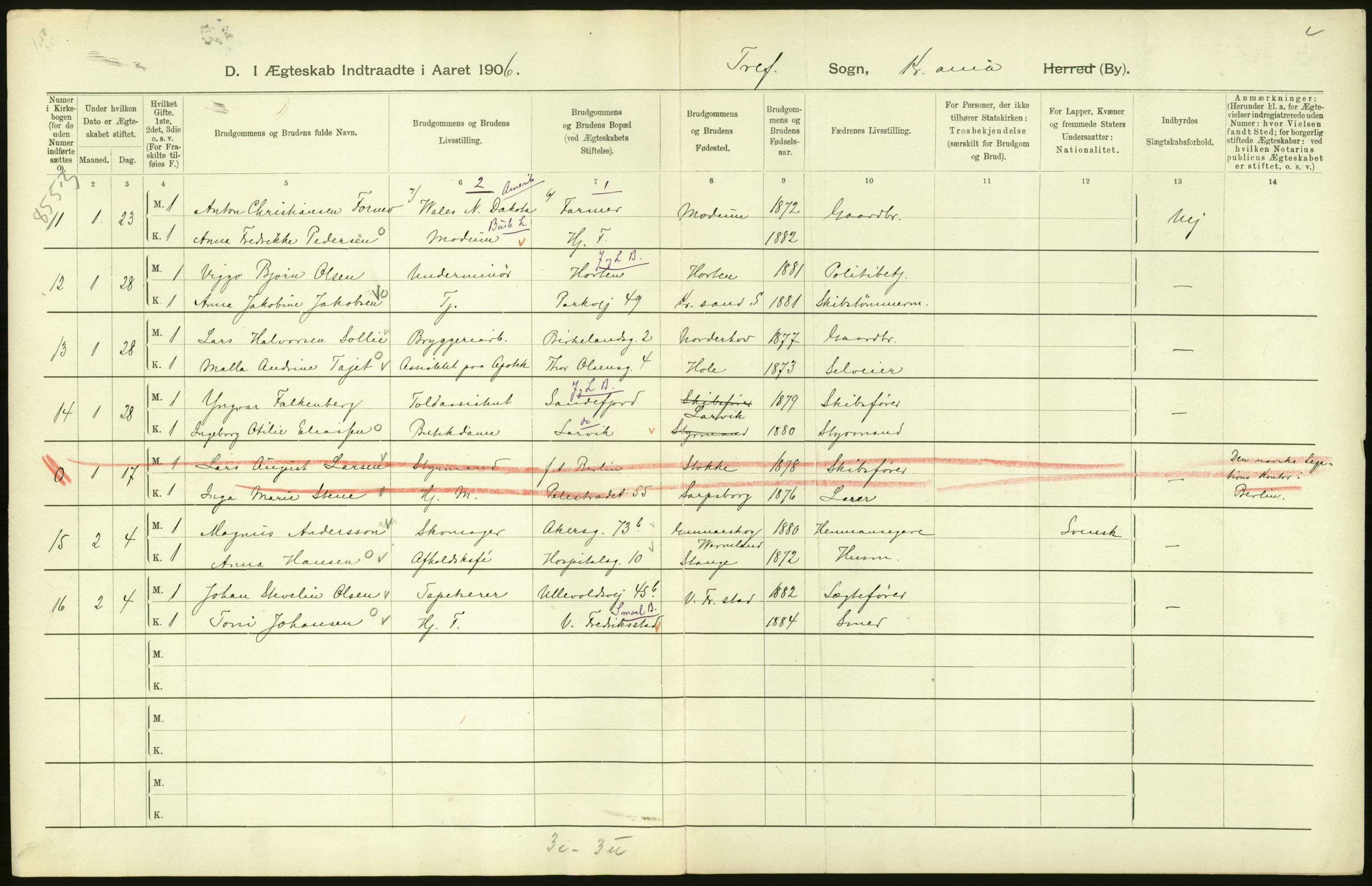 Statistisk sentralbyrå, Sosiodemografiske emner, Befolkning, AV/RA-S-2228/D/Df/Dfa/Dfad/L0008: Kristiania: Gifte, 1906, s. 120