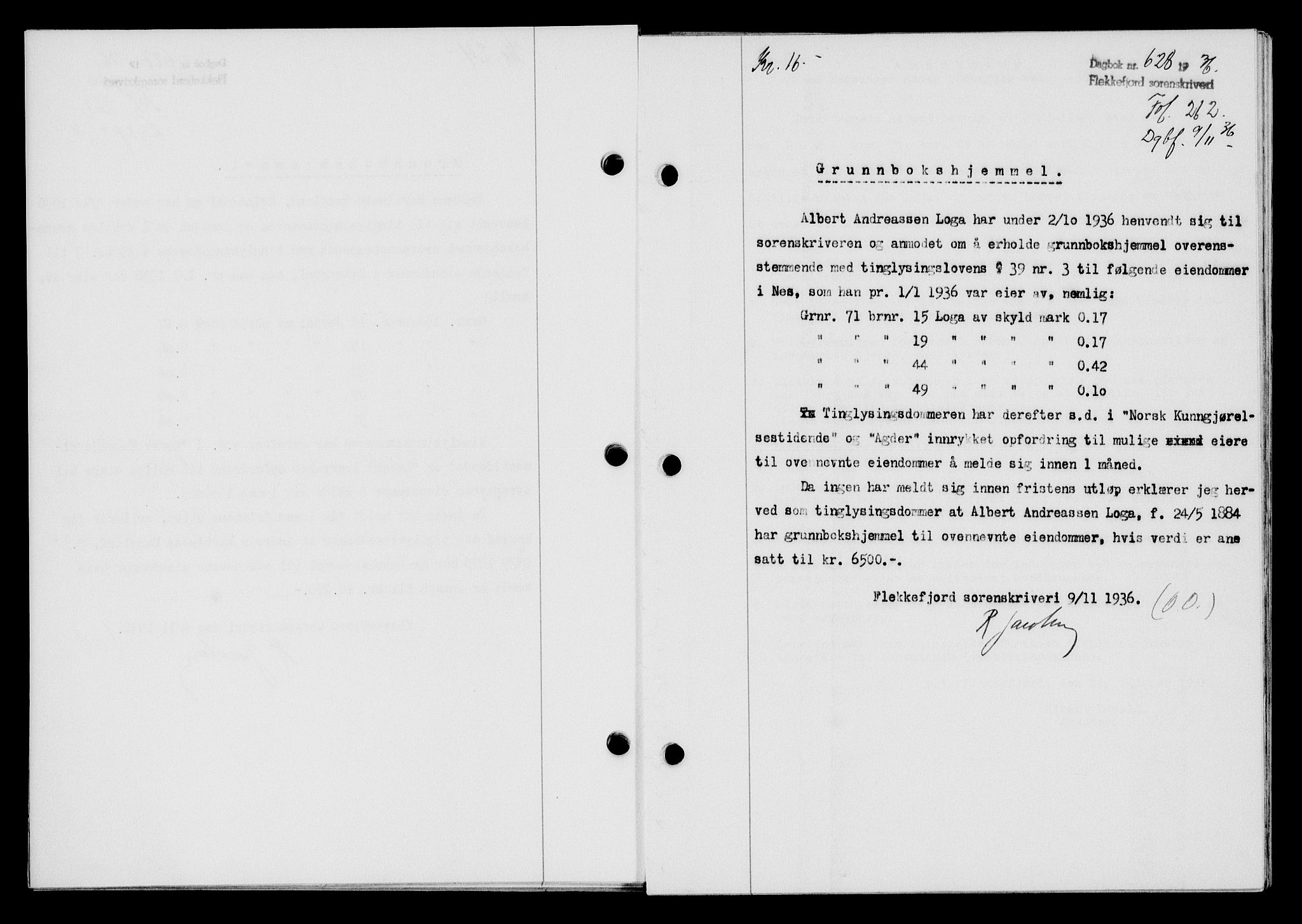 Flekkefjord sorenskriveri, SAK/1221-0001/G/Gb/Gba/L0053: Pantebok nr. A-1, 1936-1937, Dagboknr: 628/1936