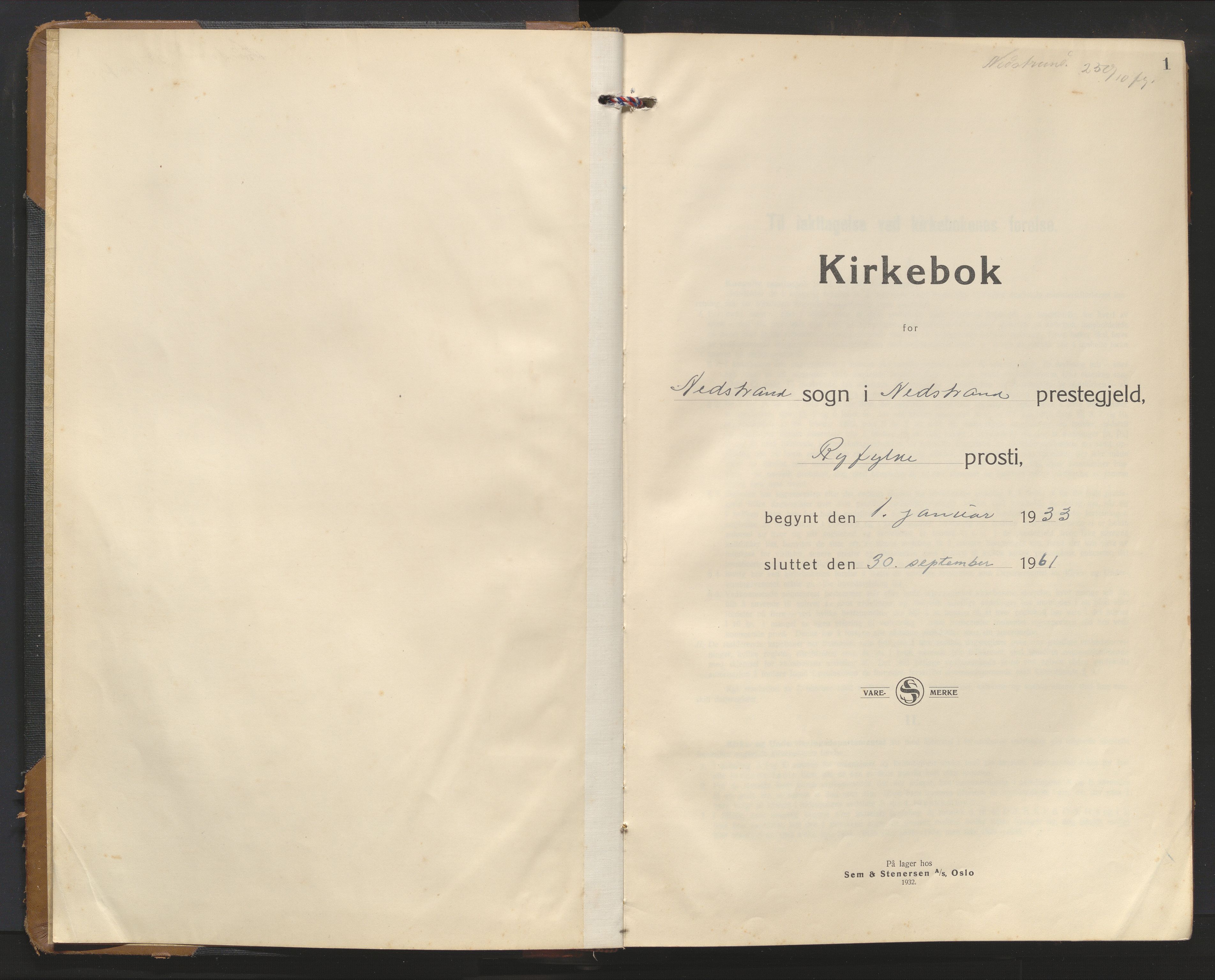 Nedstrand sokneprestkontor, AV/SAST-A-101841/01/V/L0004: Klokkerbok nr. B 4, 1933-1961, s. 1