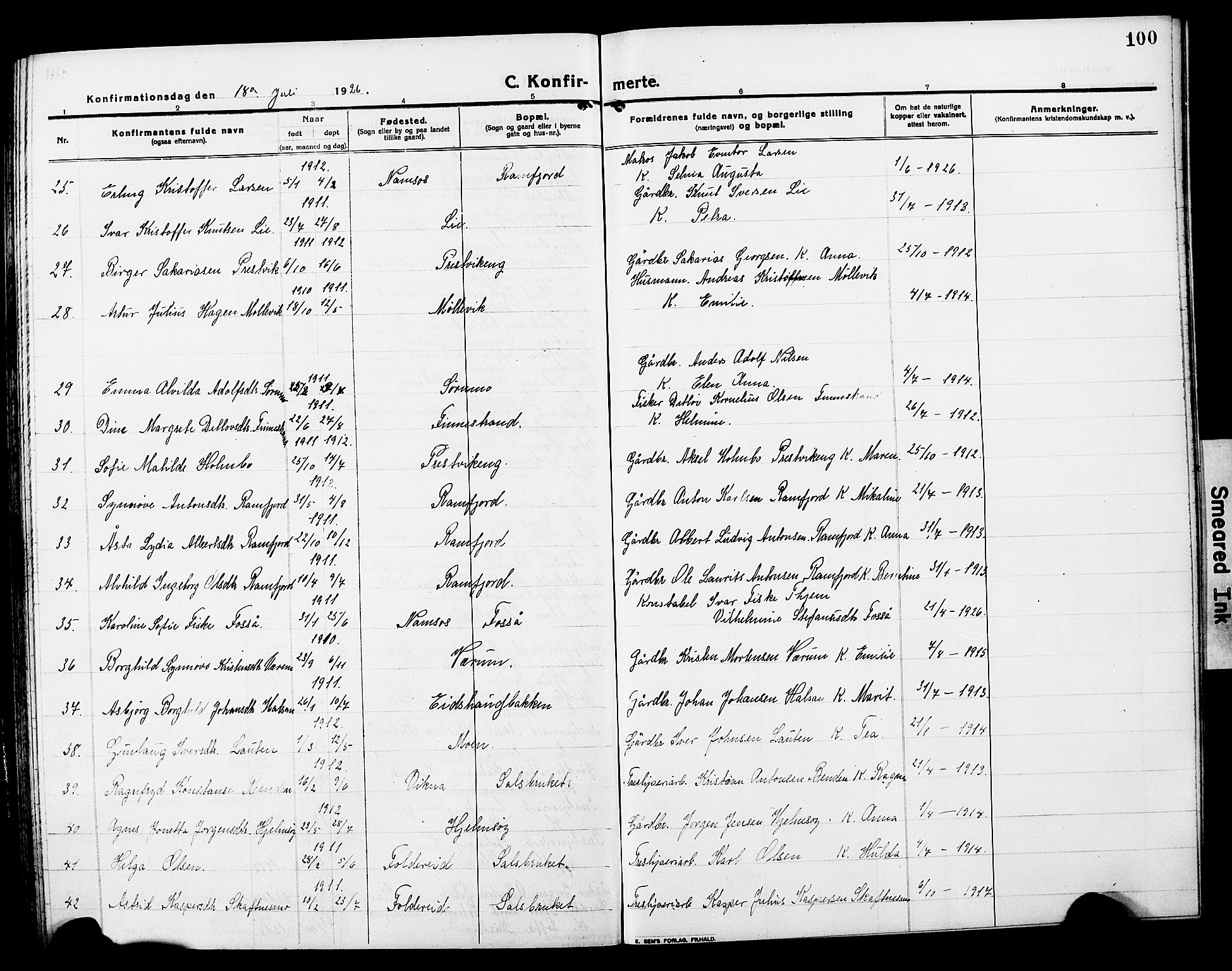 Ministerialprotokoller, klokkerbøker og fødselsregistre - Nord-Trøndelag, SAT/A-1458/780/L0653: Klokkerbok nr. 780C05, 1911-1927, s. 100