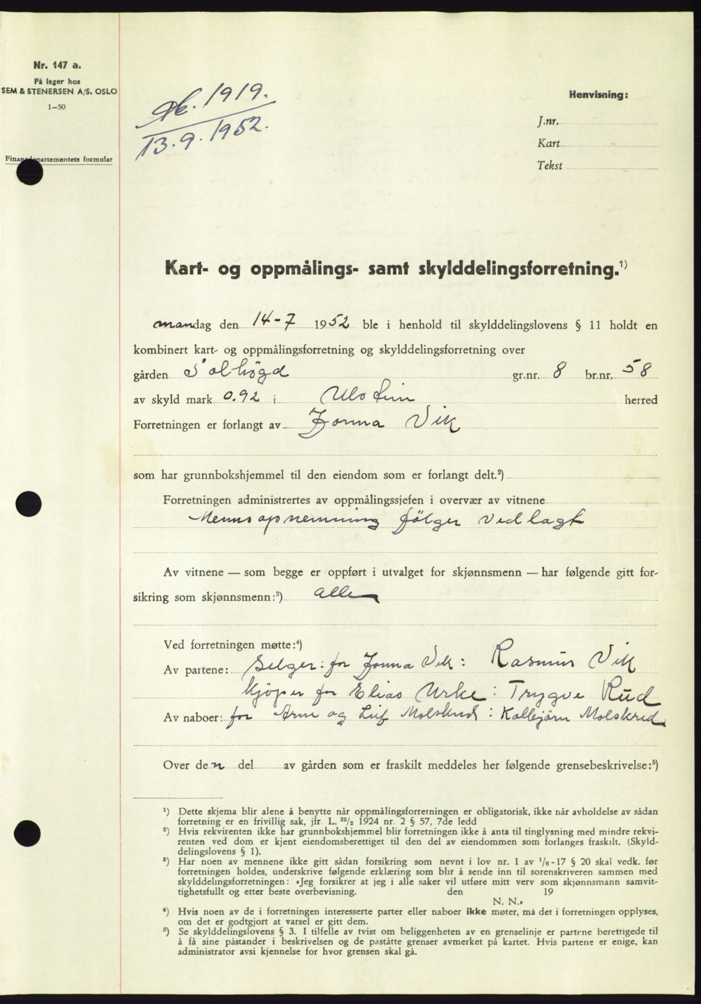 Søre Sunnmøre sorenskriveri, SAT/A-4122/1/2/2C/L0093: Pantebok nr. 19A, 1952-1953, Dagboknr: 1919/1952