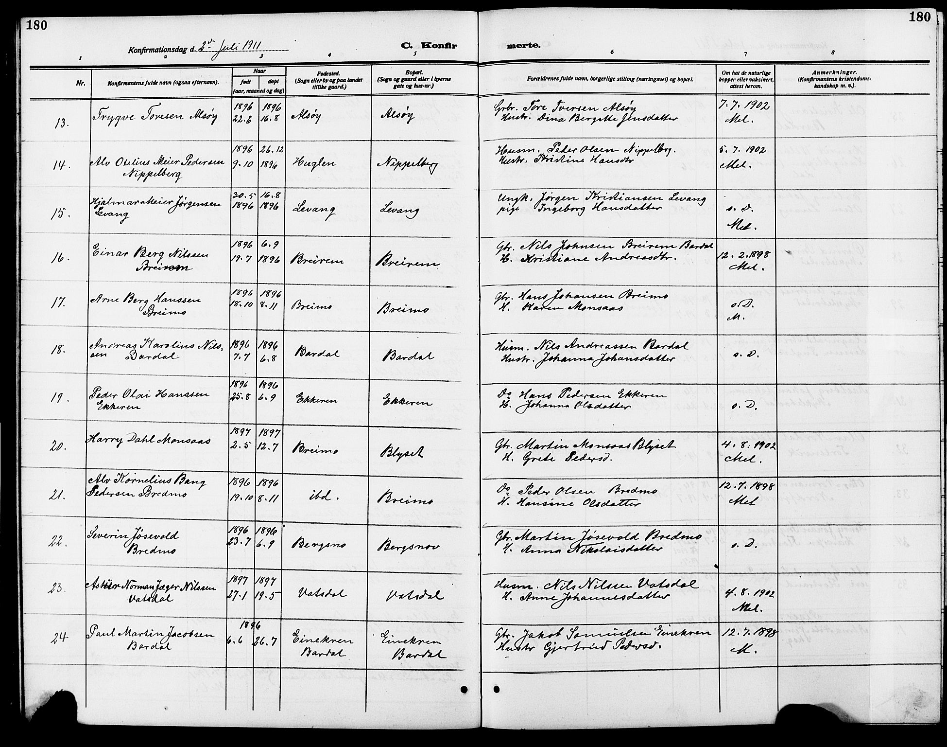 Ministerialprotokoller, klokkerbøker og fødselsregistre - Nordland, SAT/A-1459/838/L0560: Klokkerbok nr. 838C07, 1910-1928, s. 180