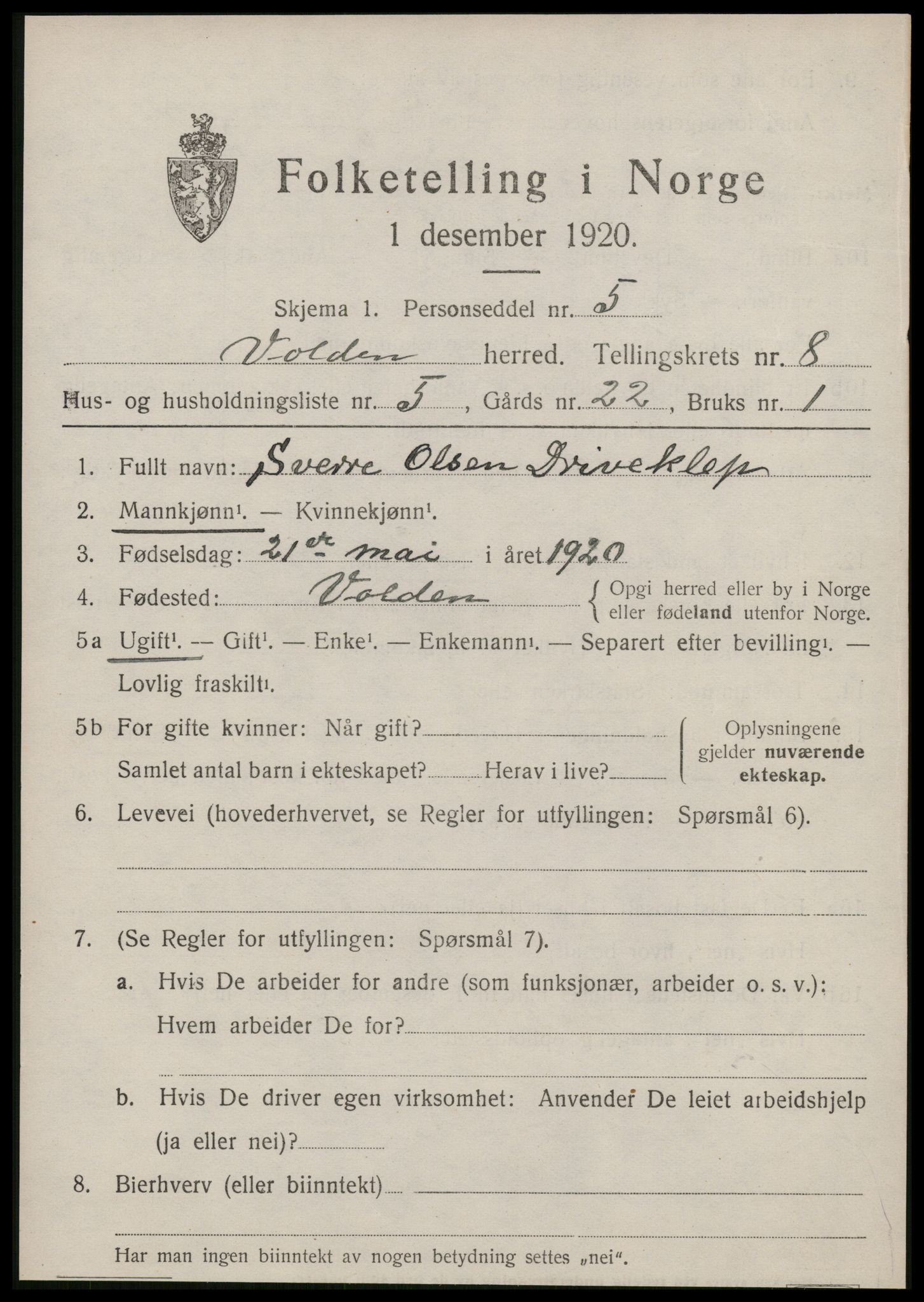 SAT, Folketelling 1920 for 1519 Volda herred, 1920, s. 6578