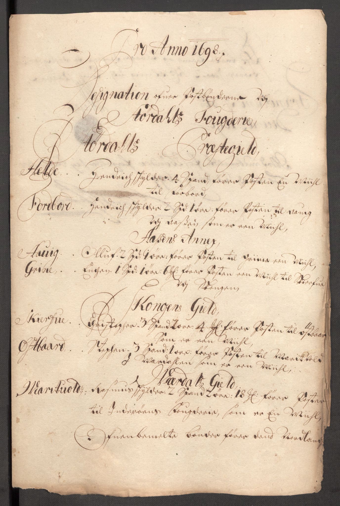 Rentekammeret inntil 1814, Reviderte regnskaper, Fogderegnskap, AV/RA-EA-4092/R62/L4190: Fogderegnskap Stjørdal og Verdal, 1698, s. 204