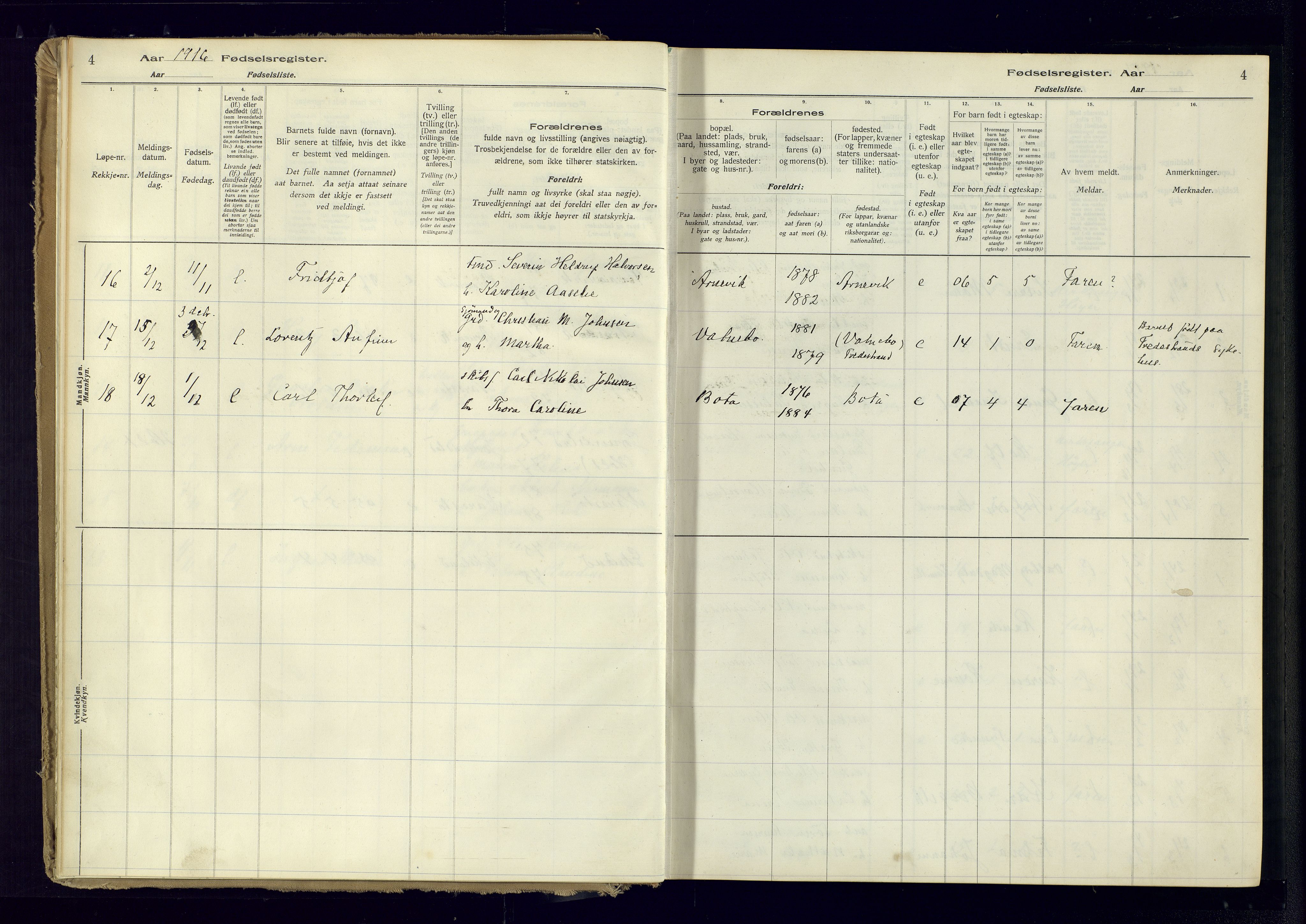 Austre Moland sokneprestkontor, SAK/1111-0001/J/Ja/L0005: Fødselsregister nr. A-VI-29, 1916-1982, s. 4