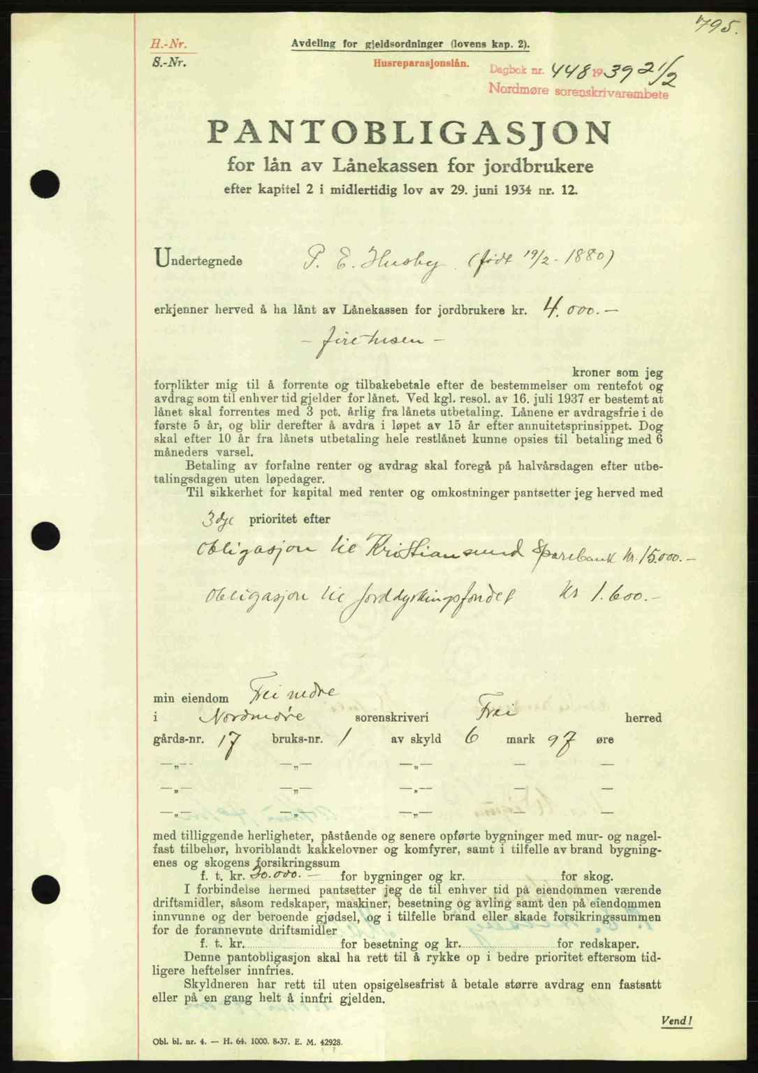 Nordmøre sorenskriveri, AV/SAT-A-4132/1/2/2Ca: Pantebok nr. B84, 1938-1939, Dagboknr: 448/1939