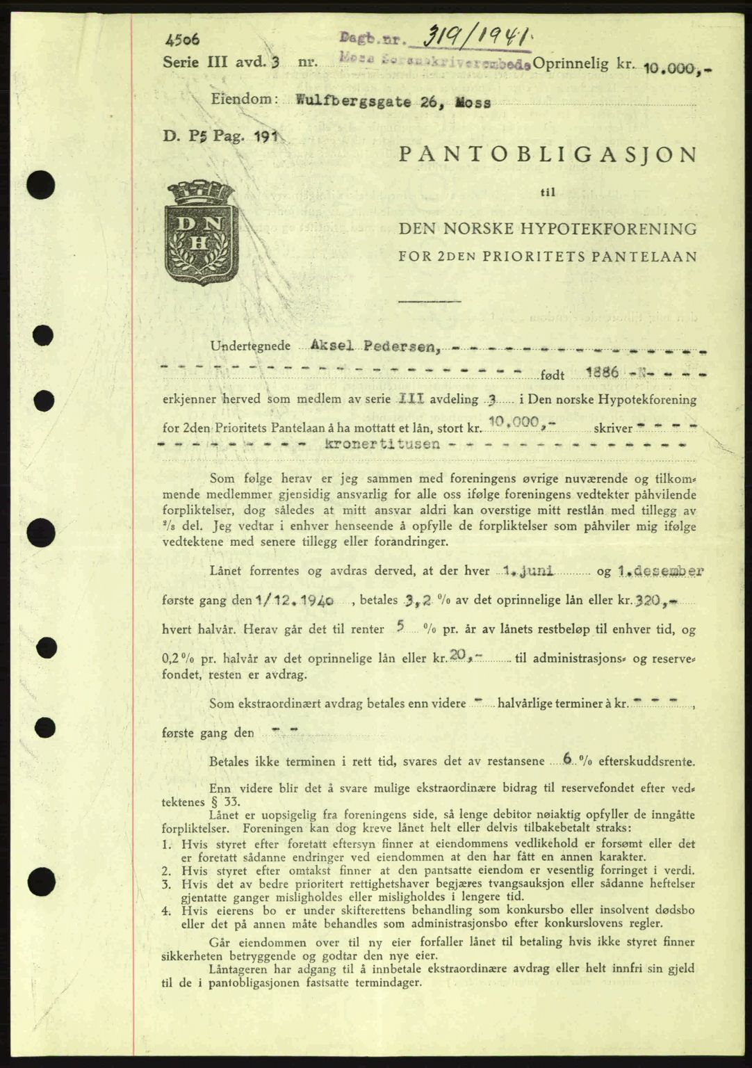 Moss sorenskriveri, SAO/A-10168: Pantebok nr. B10, 1940-1941, Dagboknr: 319/1941