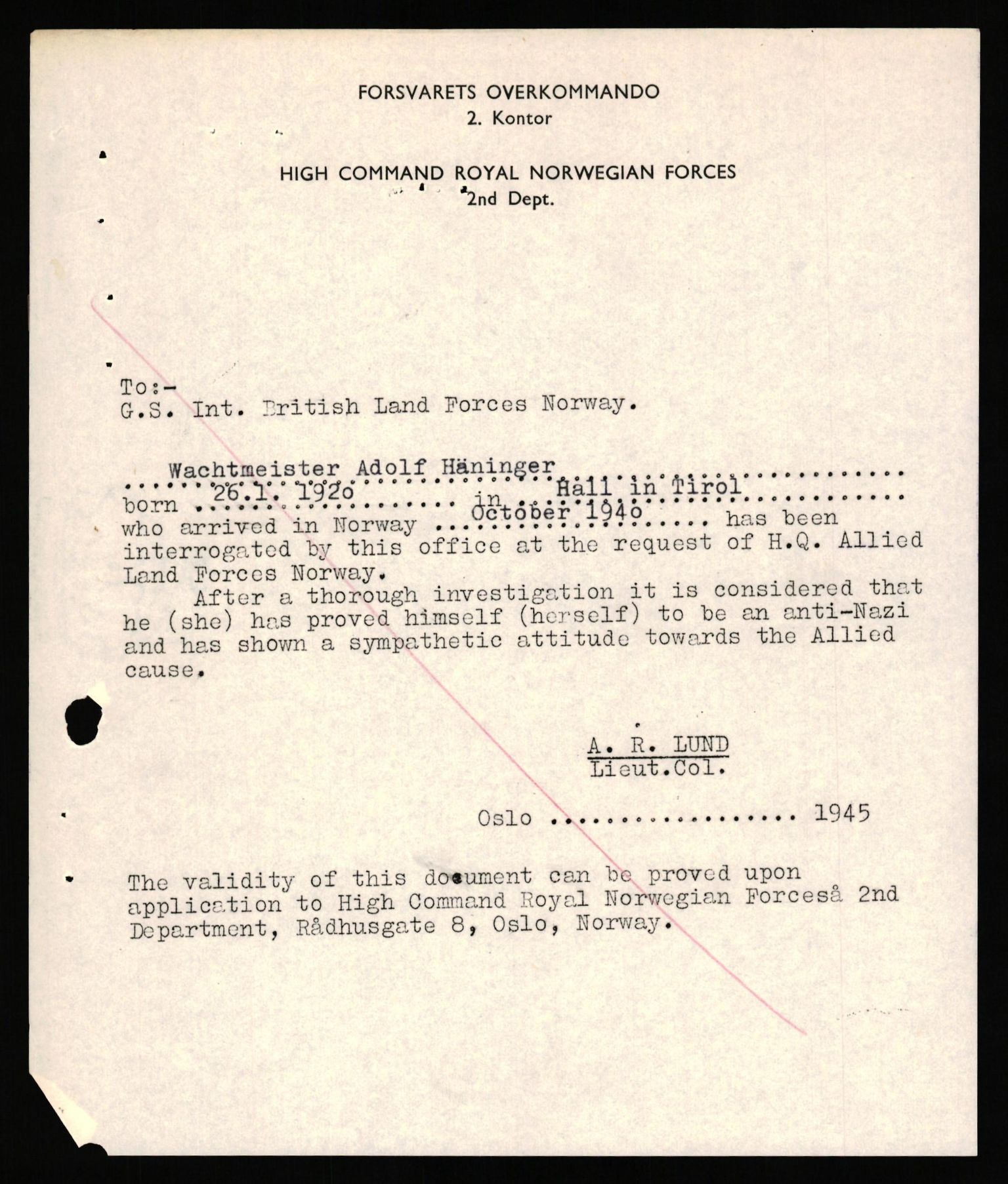 Forsvaret, Forsvarets overkommando II, AV/RA-RAFA-3915/D/Db/L0039: CI Questionaires. Tyske okkupasjonsstyrker i Norge. Østerrikere., 1945-1946, s. 101