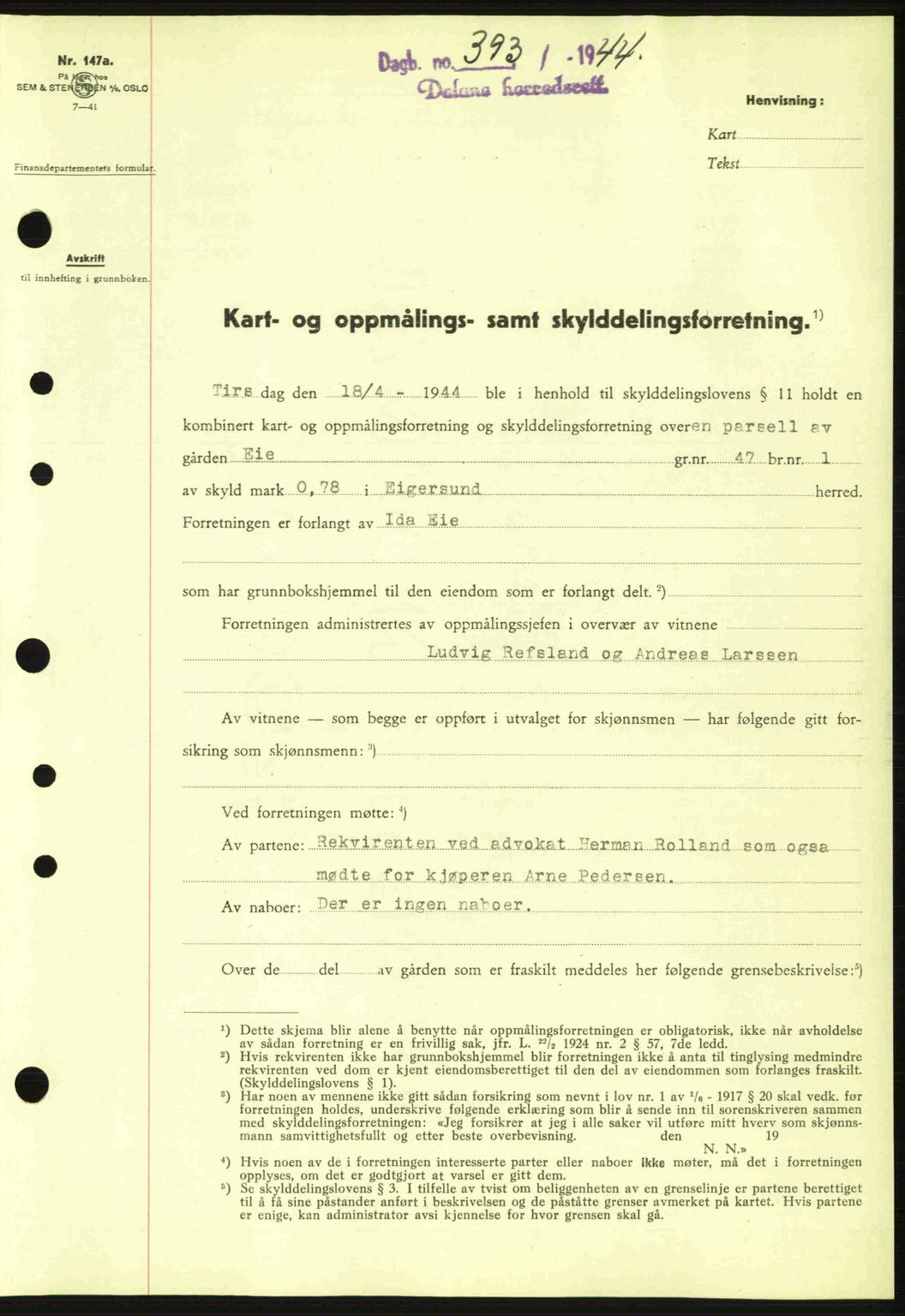 Dalane sorenskriveri, SAST/A-100309/02/G/Gb/L0047: Pantebok nr. A8 I, 1944-1945, Dagboknr: 393/1944