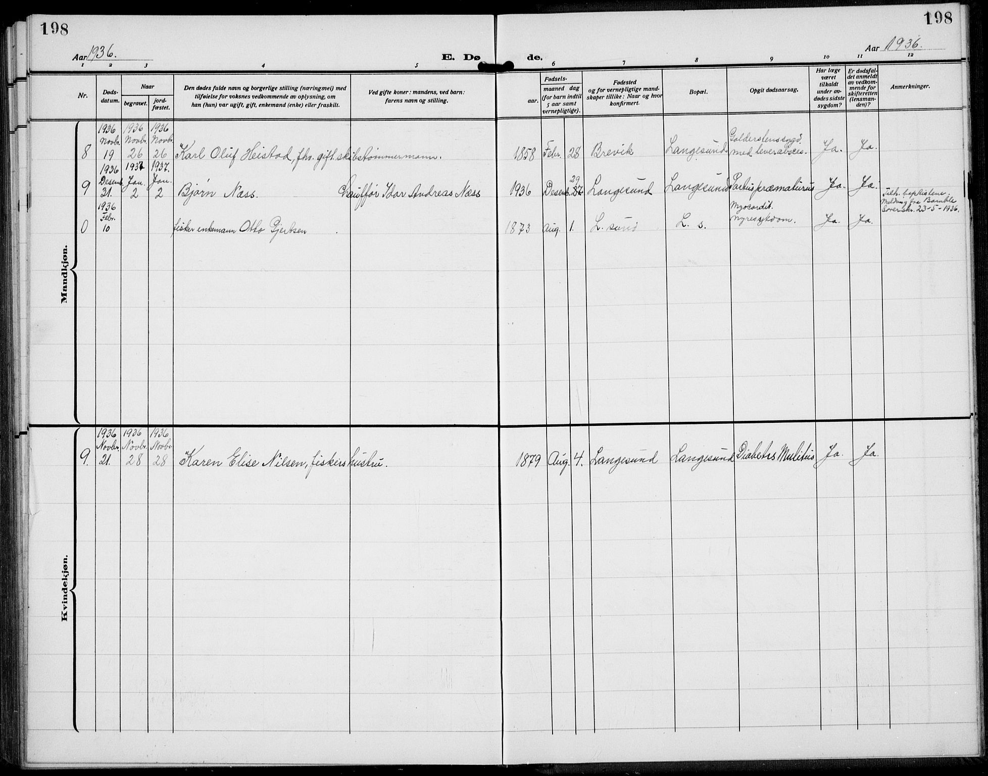 Langesund kirkebøker, AV/SAKO-A-280/G/Ga/L0007: Klokkerbok nr. 7, 1919-1939, s. 198