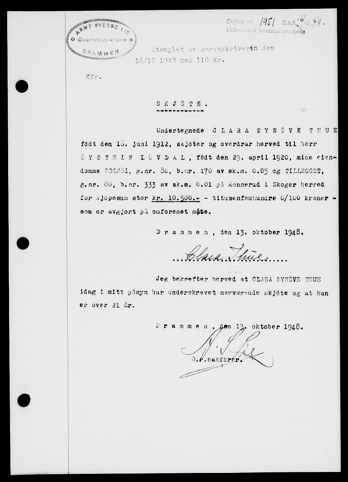Holmestrand sorenskriveri, SAKO/A-67/G/Ga/Gaa/L0065: Pantebok nr. A-65, 1948-1949, Dagboknr: 1951/1948