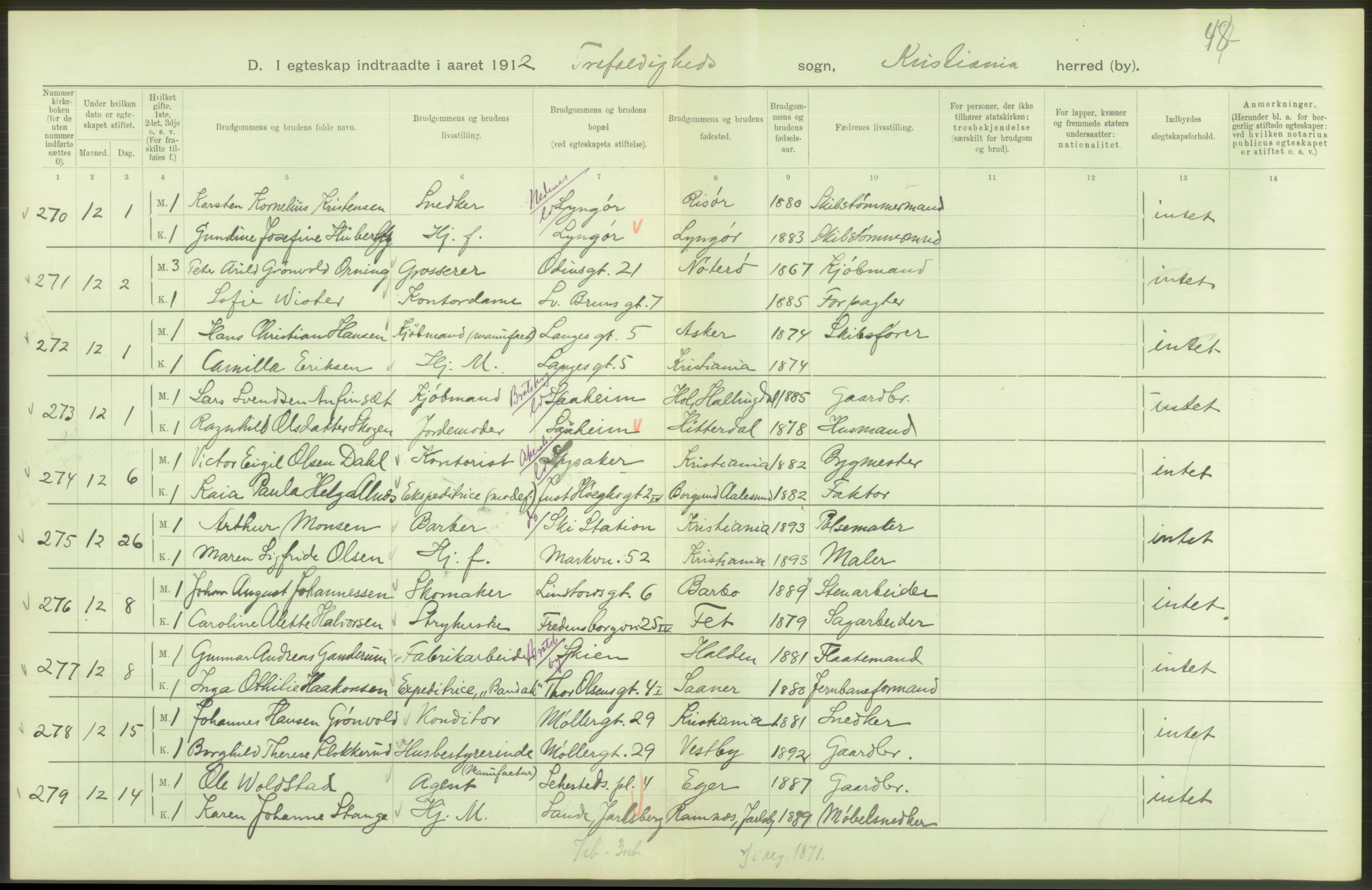 Statistisk sentralbyrå, Sosiodemografiske emner, Befolkning, AV/RA-S-2228/D/Df/Dfb/Dfbb/L0008: Kristiania: Gifte, 1912, s. 604