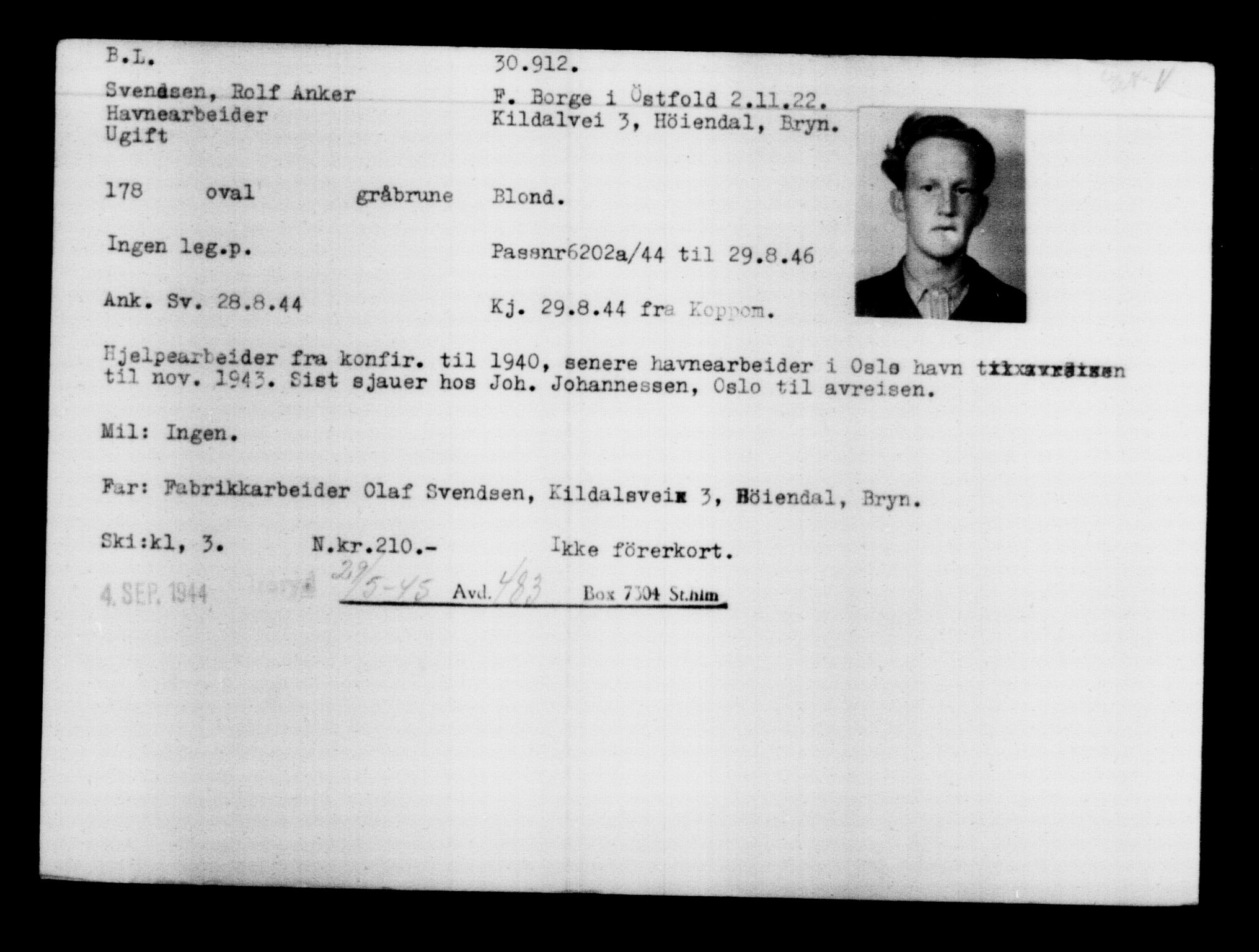 Utenriksstasjonene, Legasjonen i Stockholm, Flyktningkontoret, AV/RA-S-6753/V/Va/L0012: Kjesäterkartoteket, flyktninger med registreringsnr. 28300-31566, 1940-1945, s. 2839