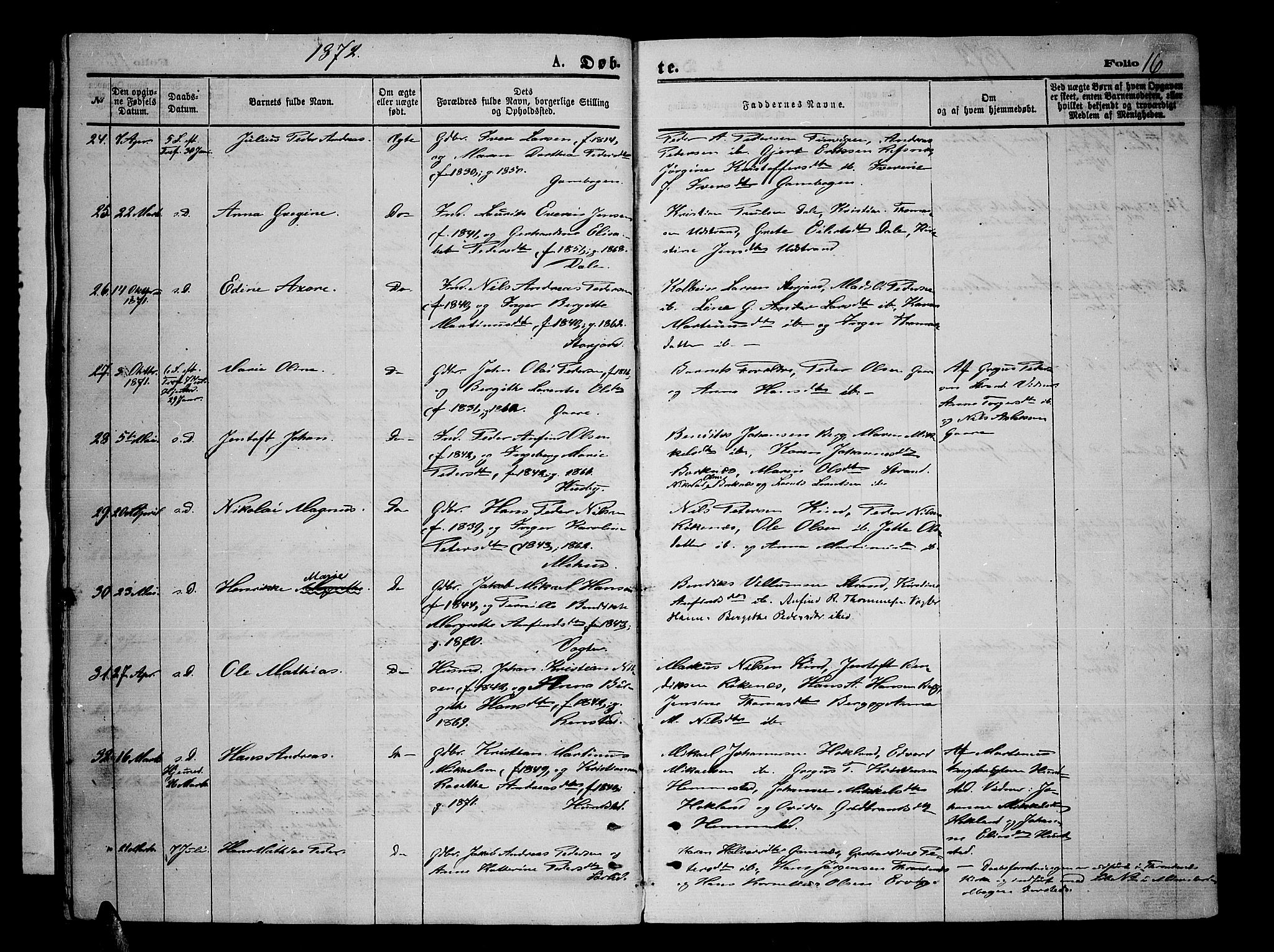 Kvæfjord sokneprestkontor, AV/SATØ-S-1323/G/Ga/Gab/L0004klokker: Klokkerbok nr. 4, 1870-1886, s. 16