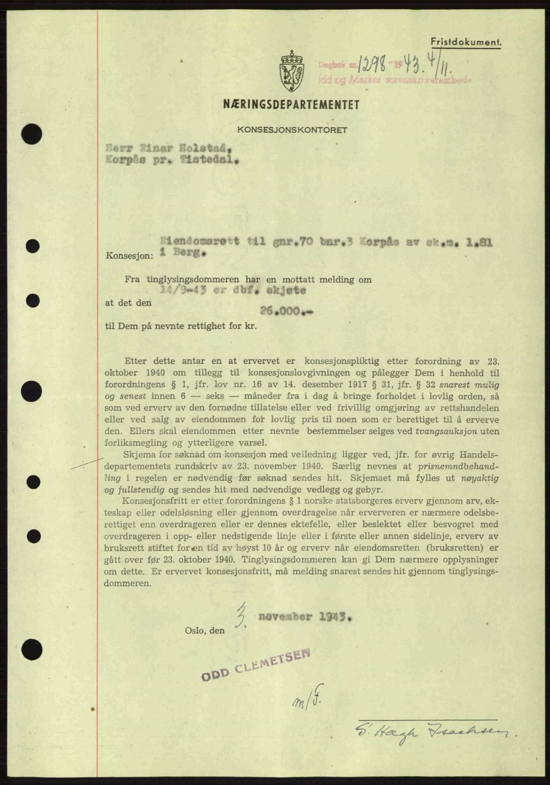 Idd og Marker sorenskriveri, AV/SAO-A-10283/G/Gb/Gbc/L0002: Pantebok nr. B4-9a, 1939-1945, Dagboknr: 1298/1943
