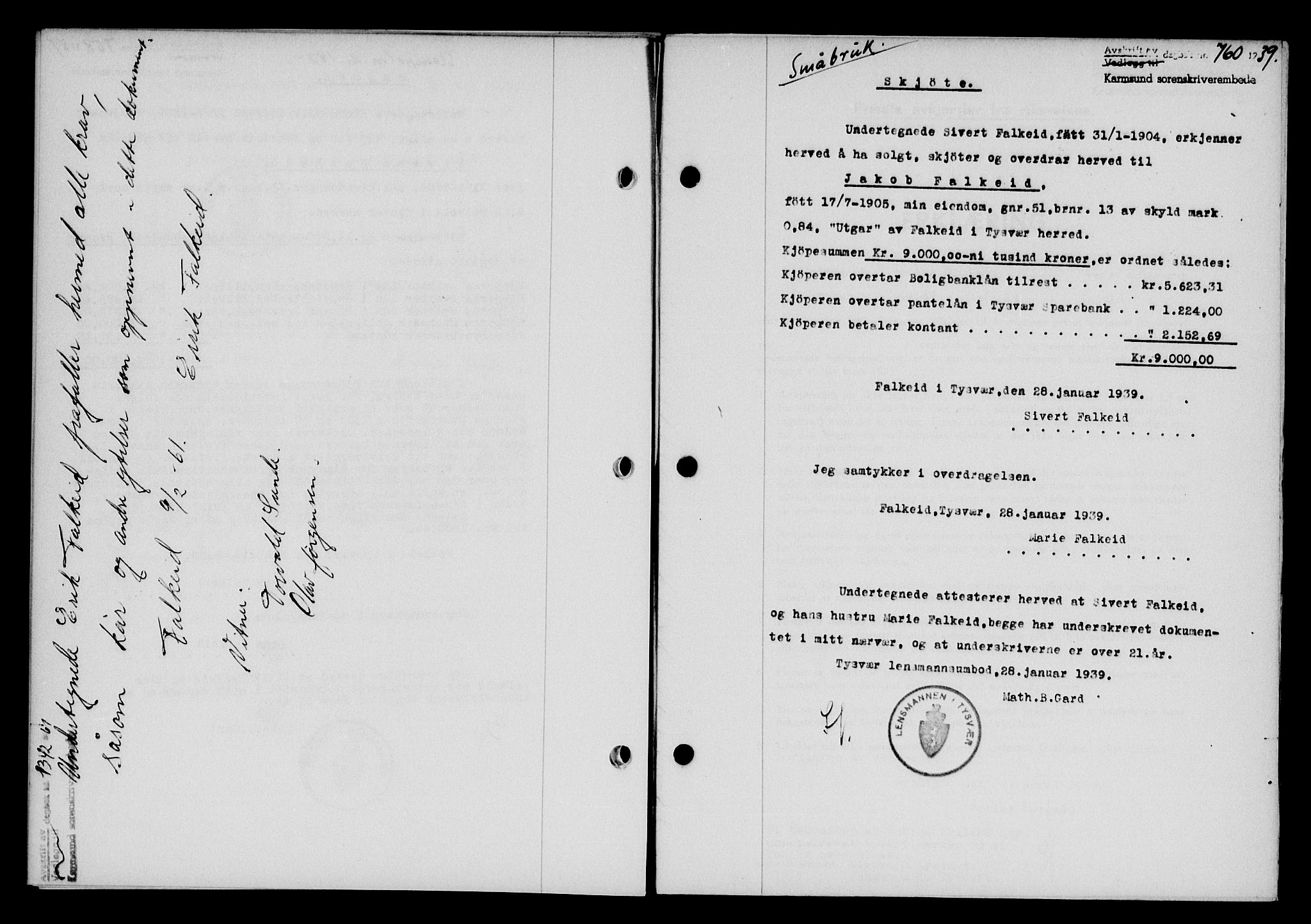Karmsund sorenskriveri, SAST/A-100311/01/II/IIB/L0071: Pantebok nr. 52A, 1939-1939, Dagboknr: 760/1939