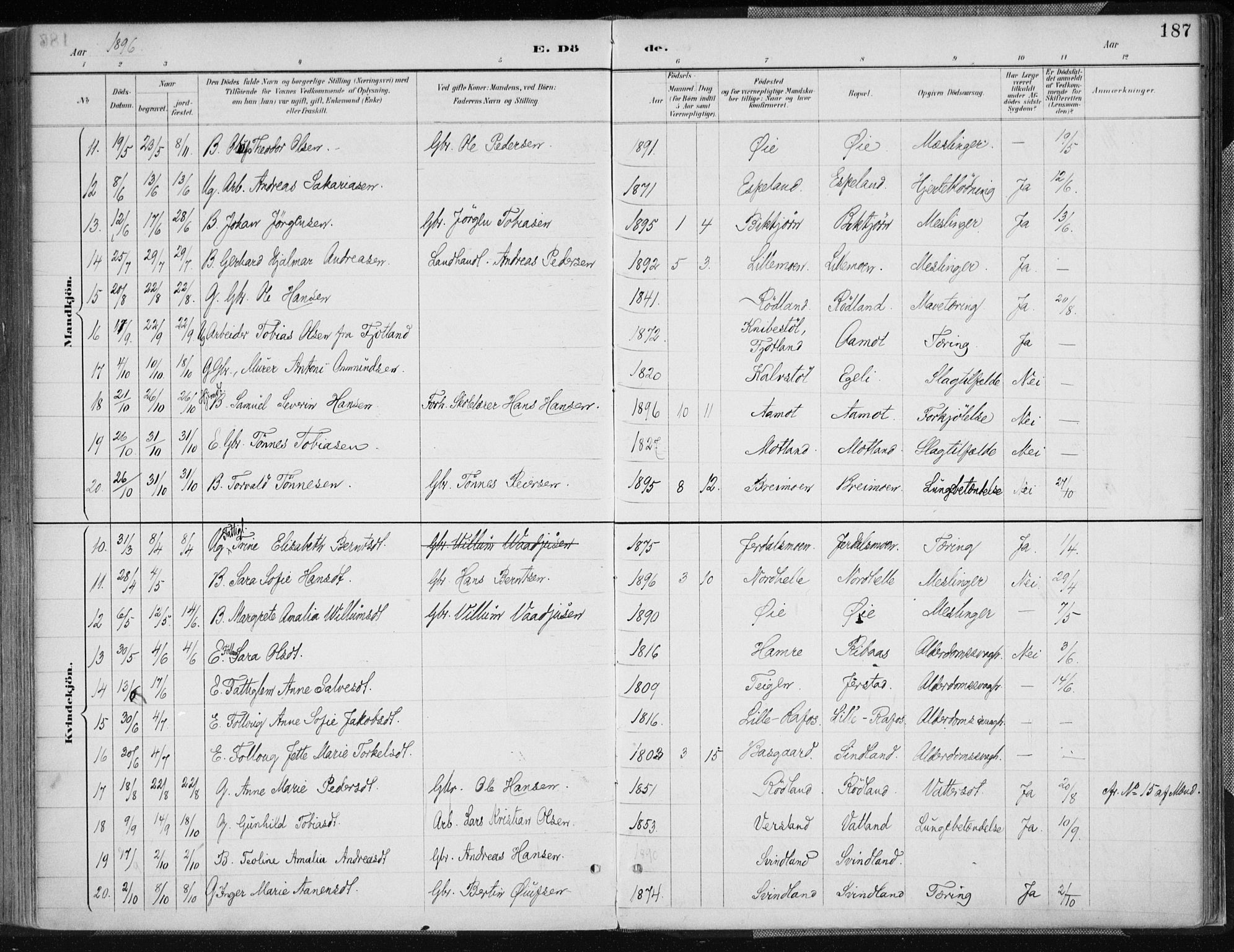 Kvinesdal sokneprestkontor, AV/SAK-1111-0026/F/Fa/Fab/L0008: Ministerialbok nr. A 8, 1886-1897, s. 187