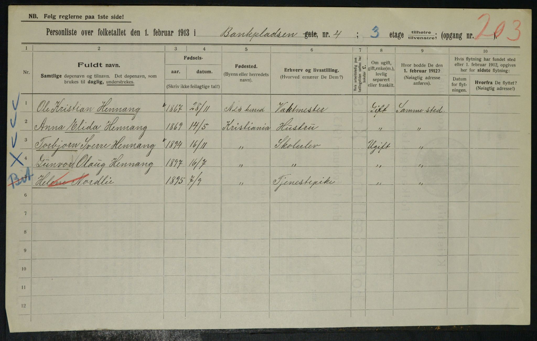 OBA, Kommunal folketelling 1.2.1913 for Kristiania, 1913, s. 3214