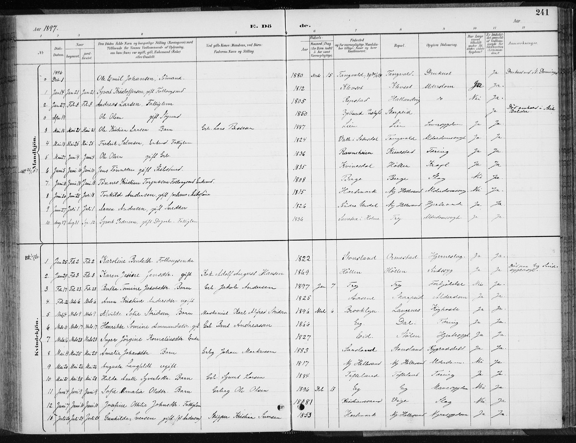 Søgne sokneprestkontor, SAK/1111-0037/F/Fa/Fab/L0013: Ministerialbok nr. A 13, 1892-1911, s. 241